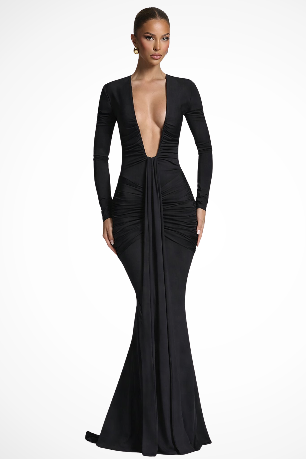 Long Sleeve Deep V-Neck Maxi Dress Ruched Fitted Wedding Guest Formal Evening Gown