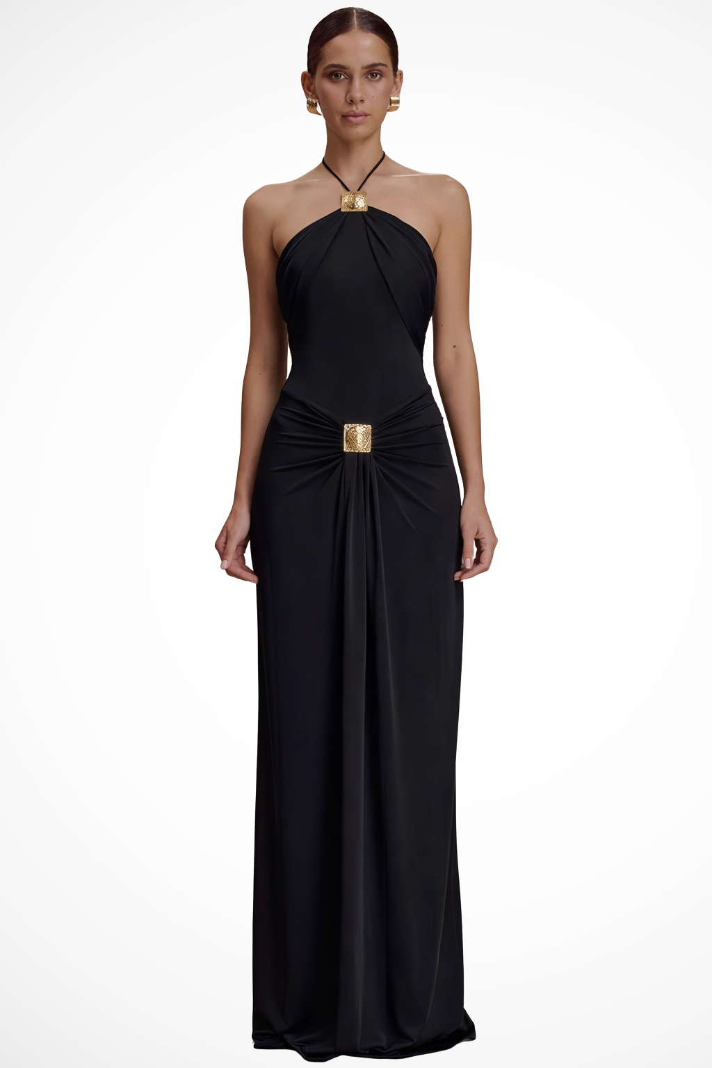 Halter Neck Maxi Dress with Square Metal Hardware Backless Bodycon Evening Gown