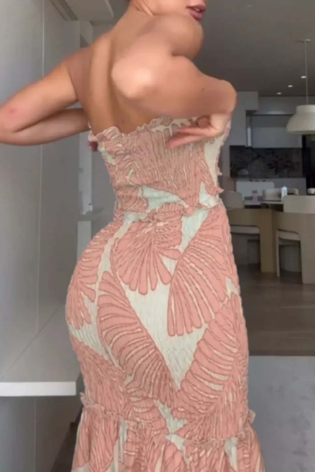 Strapless Maxi Dress Tropical Print Ruched Bodice Cut-Out Waist Summer Beach Apparel