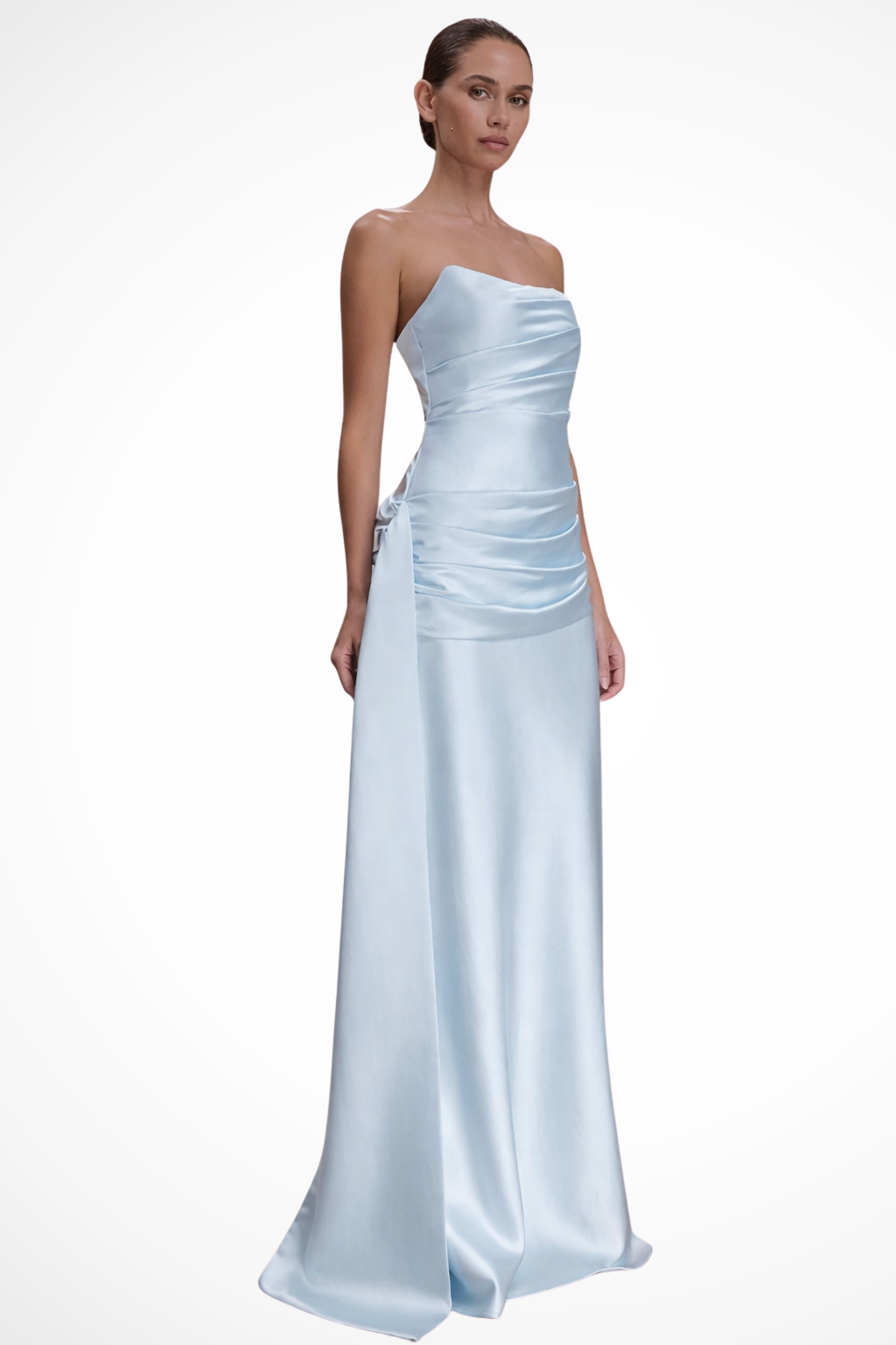 Strapless Ruched Satin Maxi Dress Wedding Guest Evening Gown with Bodycon Fit