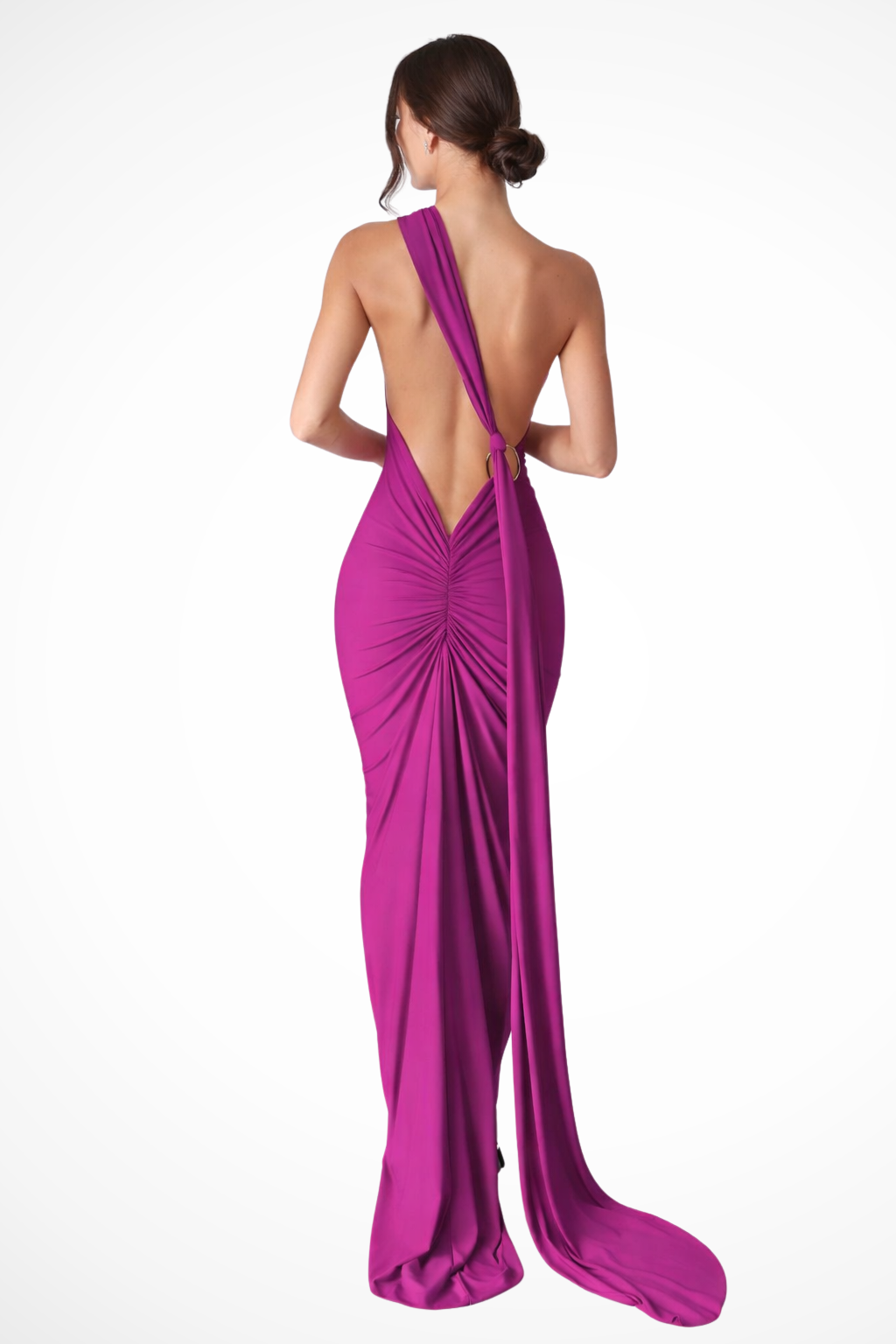 One Shoulder Backless Maxi Dress with Trailing Sash and Ruched Detail
