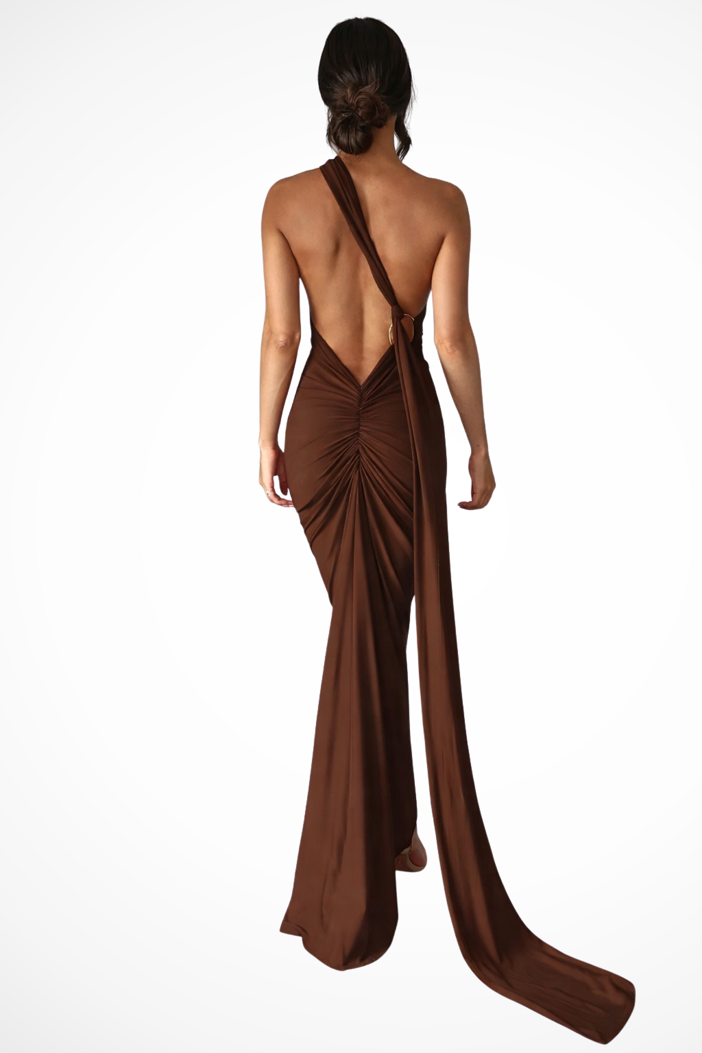 One Shoulder Backless Maxi Dress with Trailing Sash and Ruched Detail