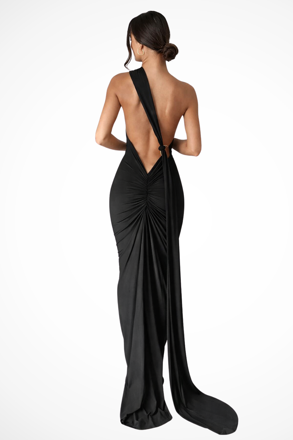 One Shoulder Backless Maxi Dress with Trailing Sash and Ruched Detail