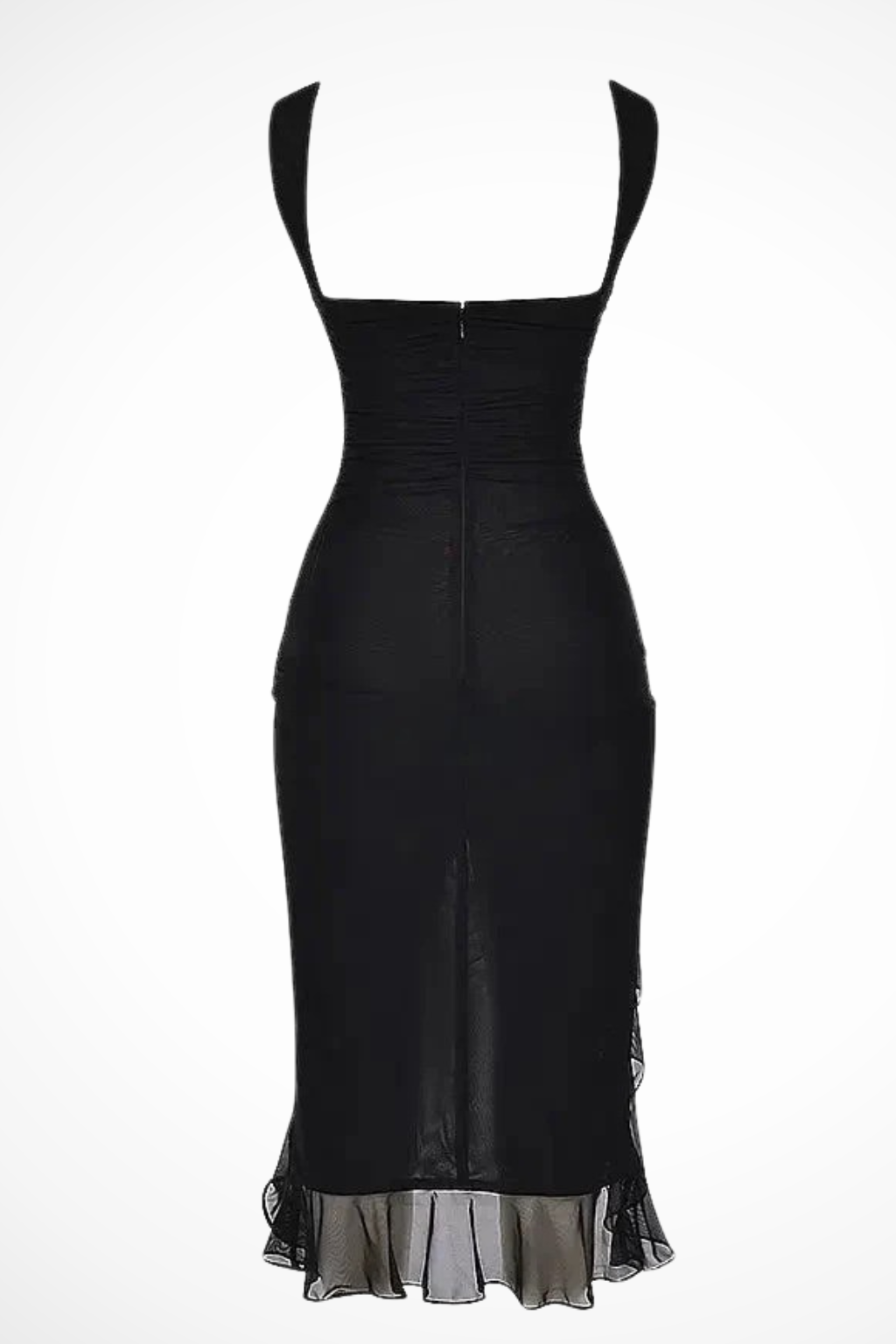 Ruched Midi Dress Sleeveless Round Neck Asymmetric Ruffle Hem Fitted Occasion Piece