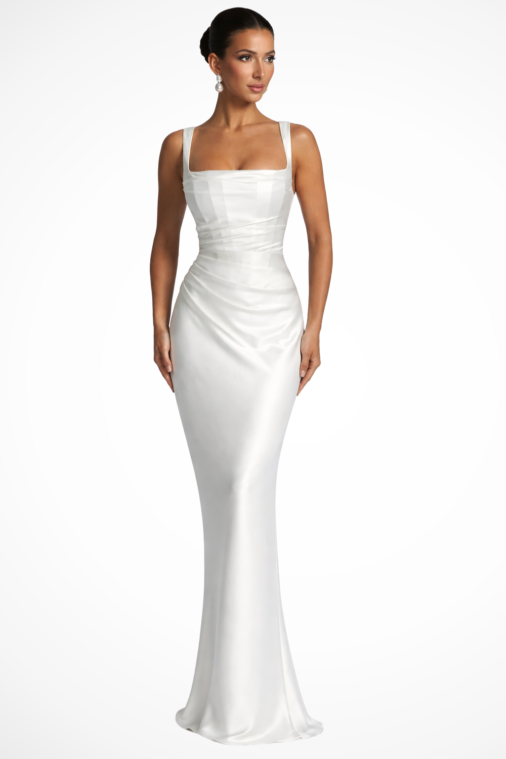 Square Neck Satin Maxi Dress Formal Wedding Guest Gown with Gloves and Choker