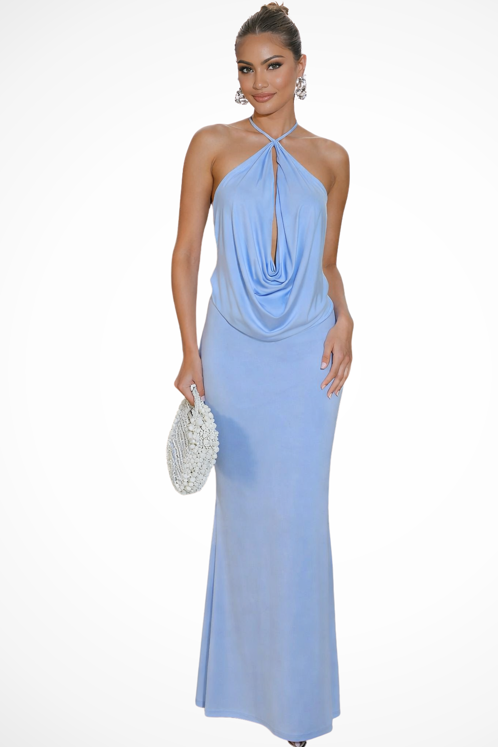 Halter Neck Maxi Dress Backless Draped Bodice Sleeveless Floor Length Evening Dress