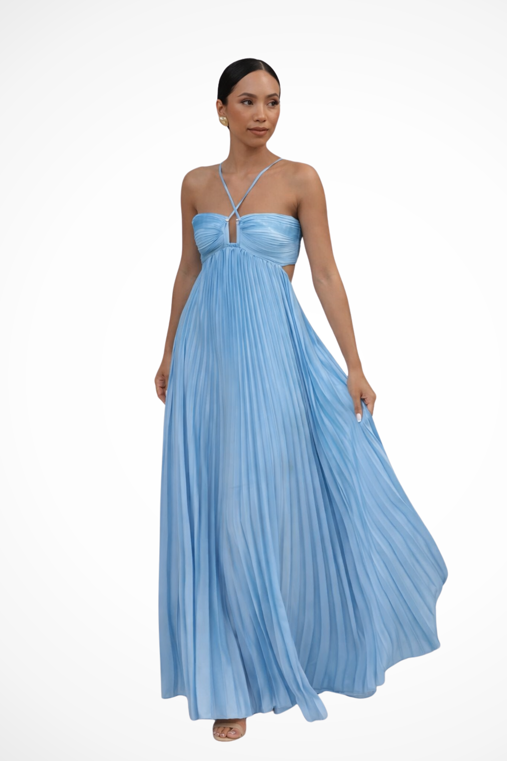 Halter Neck Pleated Maxi Dress Open Back Sleeveless Flowy Summer Long Gown