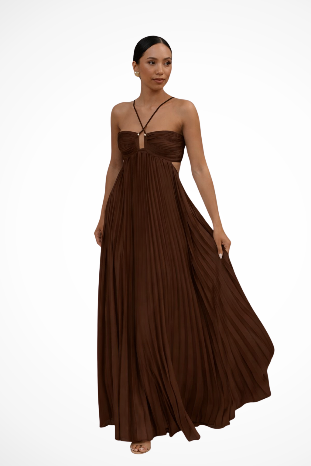 Halter Neck Pleated Maxi Dress Open Back Sleeveless Flowy Summer Long Gown