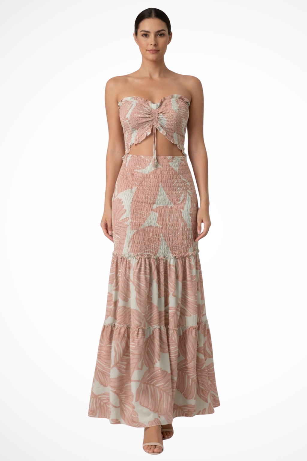 Strapless Maxi Dress Tropical Print Ruched Bodice Cut-Out Waist Summer Beach Apparel