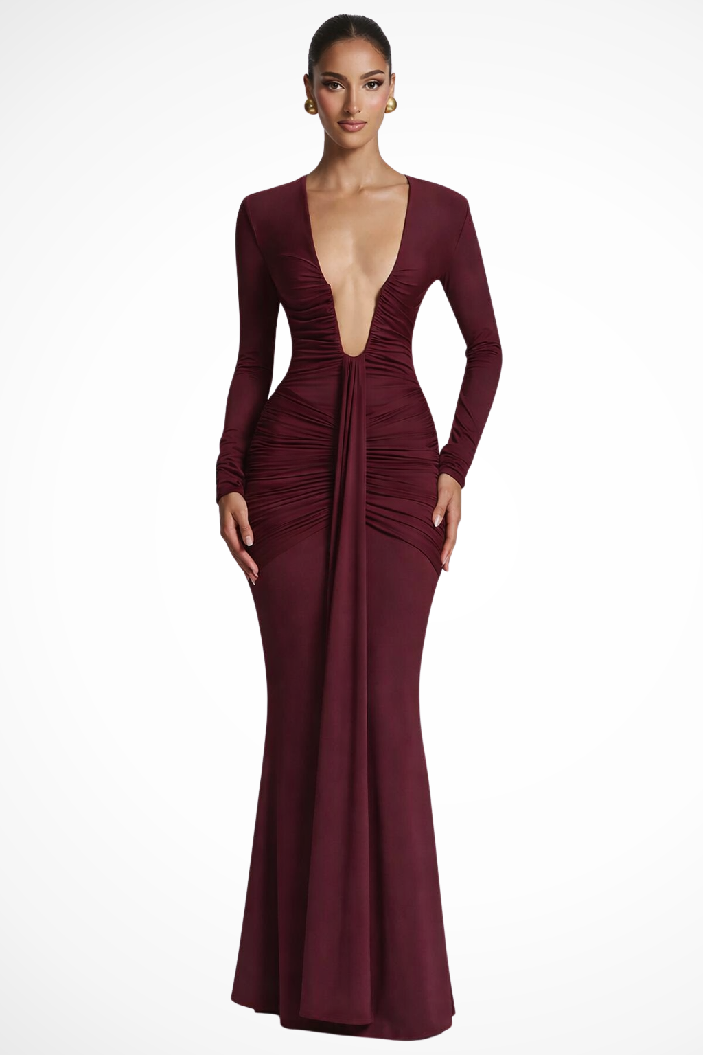 Long Sleeve Deep V-Neck Maxi Dress Ruched Fitted Wedding Guest Formal Evening Gown
