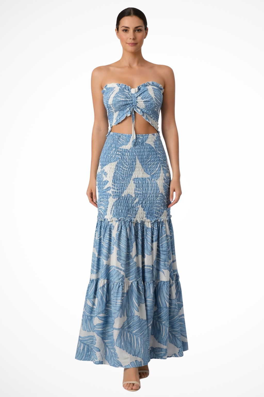 Strapless Maxi Dress Tropical Print Ruched Bodice Cut-Out Waist Summer Beach Apparel