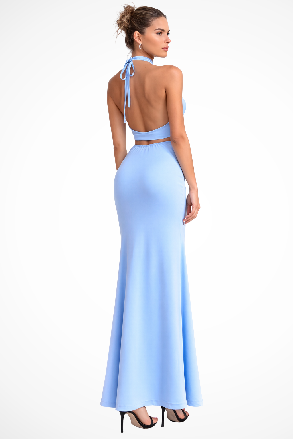 Halter Neck Maxi Dress Backless Draped Bodice Sleeveless Floor Length Evening Dress