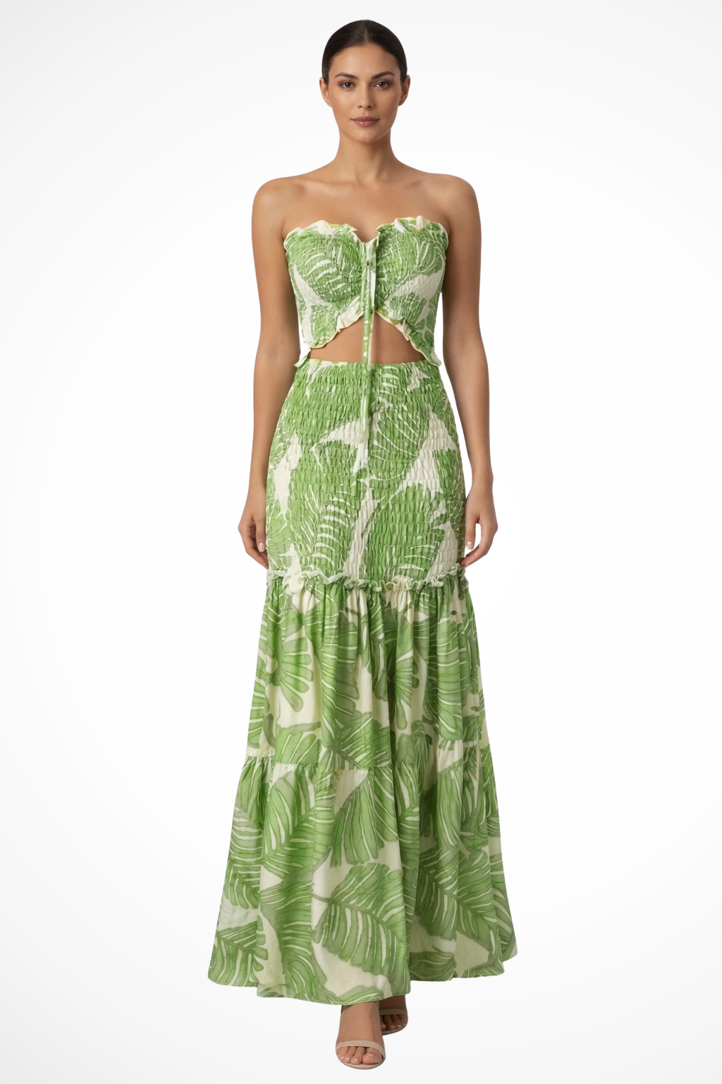 Strapless Maxi Dress Tropical Print Ruched Bodice Cut-Out Waist Summer Beach Apparel