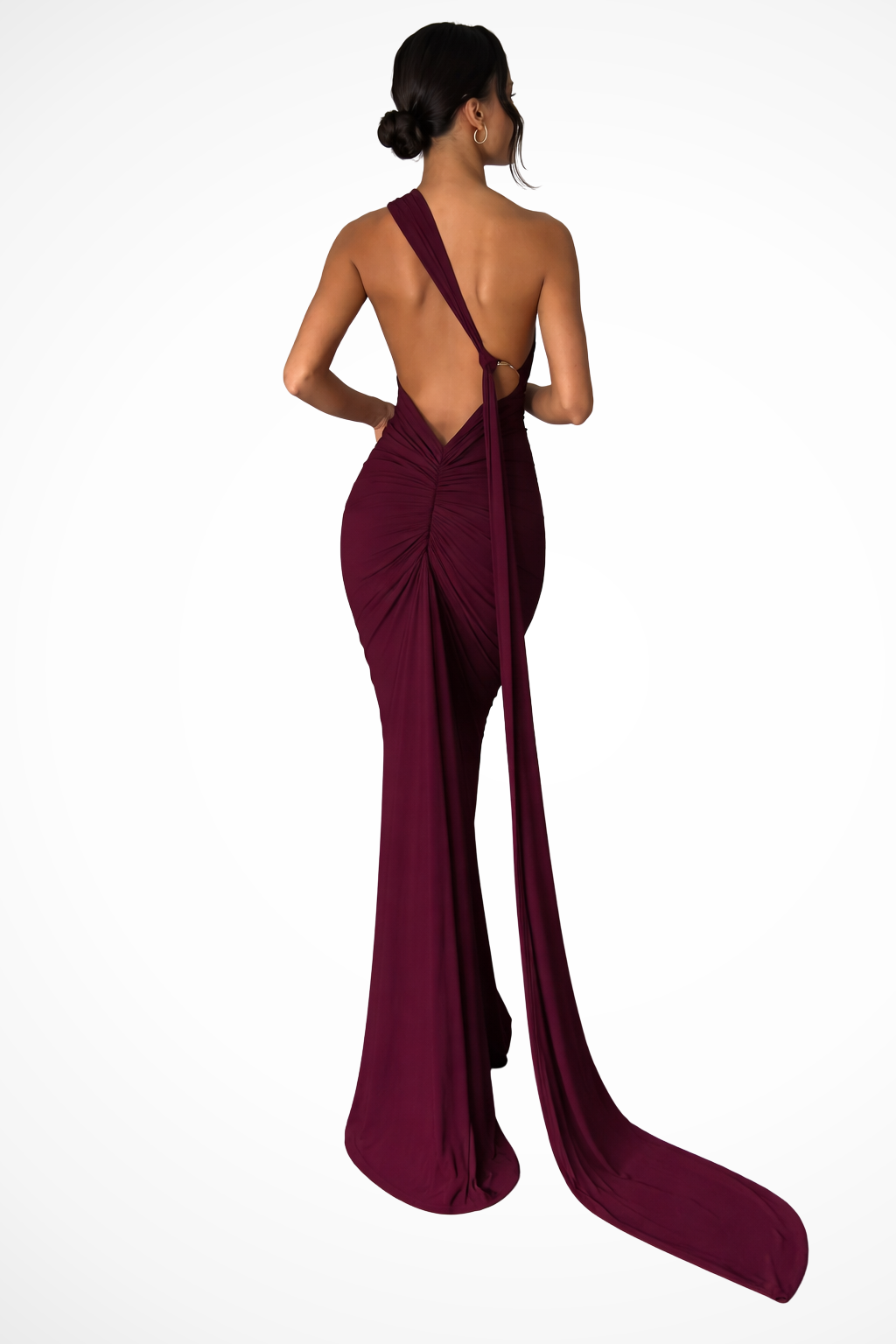 One Shoulder Backless Maxi Dress with Trailing Sash and Ruched Detail