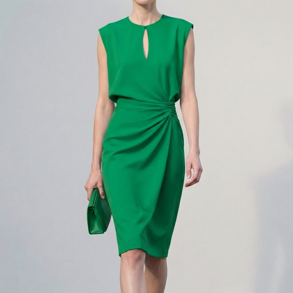 Women's Ruched Waist Knee-Length Dress with Cap Sleeves and Keyhole Neckline