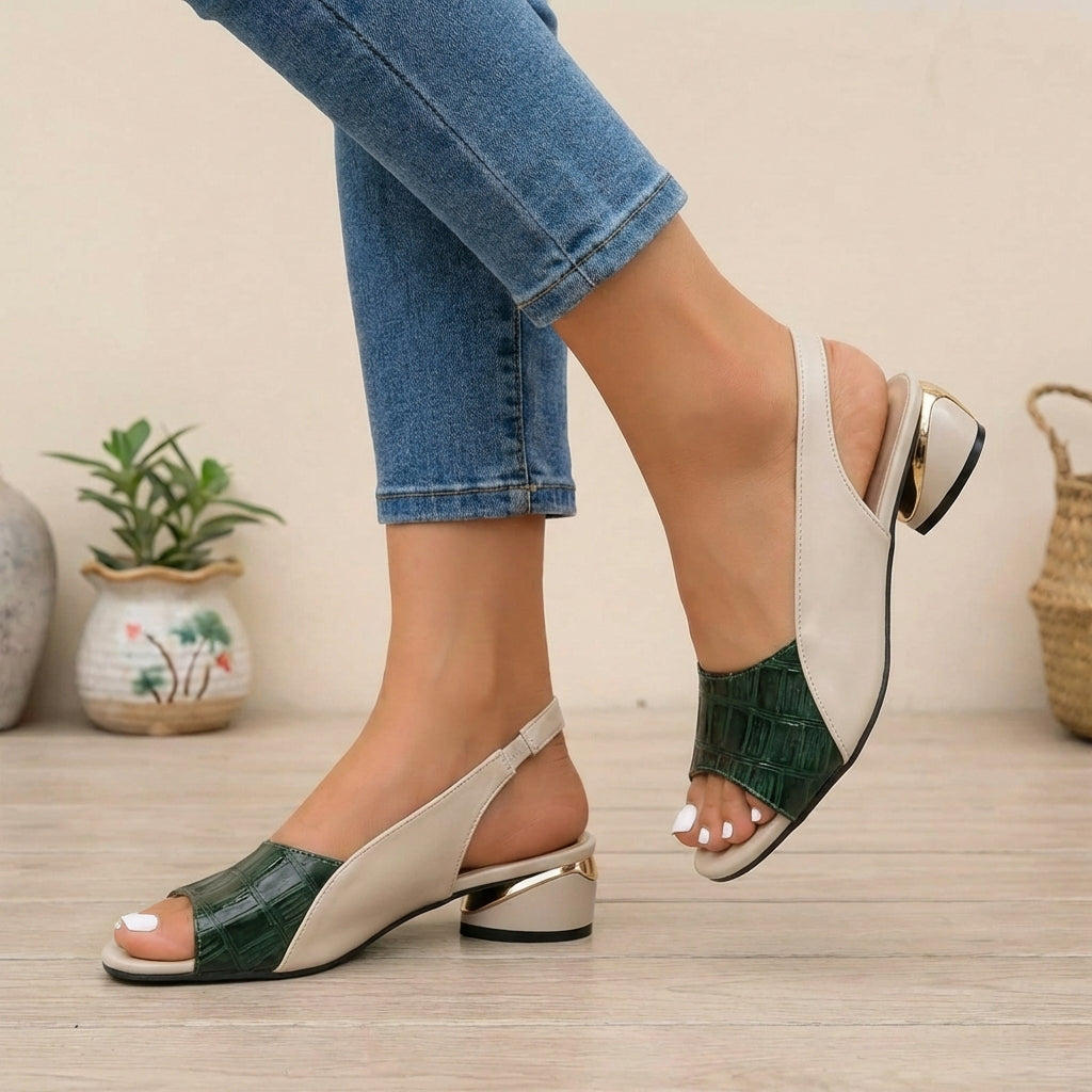 Women's Slingback Block Heel Sandals Metallic Accent Embossed Strap Casual Shoes