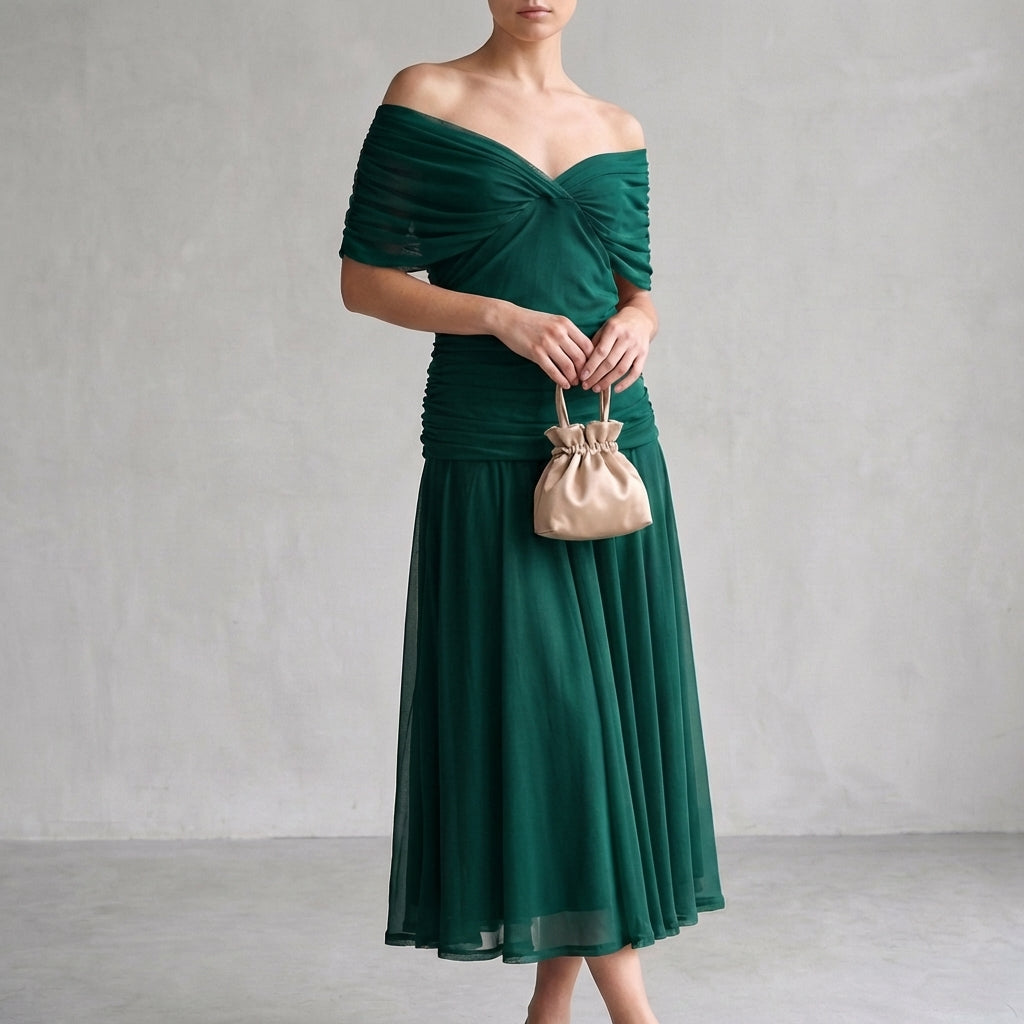 Off-Shoulder A-Line Midi Dress Ruched Cocktail Gown with Pleated Skirt for Women