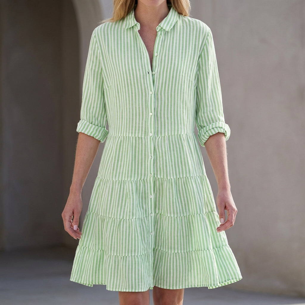 Striped Relaxed Fit Shirt Dress Button Front Tiered Skirt Above Knee Casual Mini