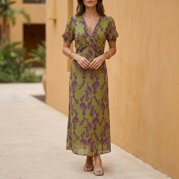 A-Line Maxi Dress V-Neck Puff Sleeve Twisted Front Floral Wedding Guest Dress