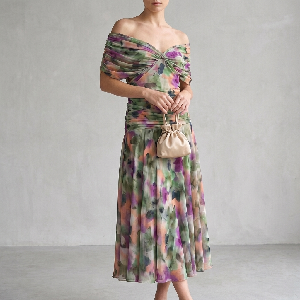 Off-Shoulder A-Line Midi Dress Ruched Cocktail Gown with Pleated Skirt for Women