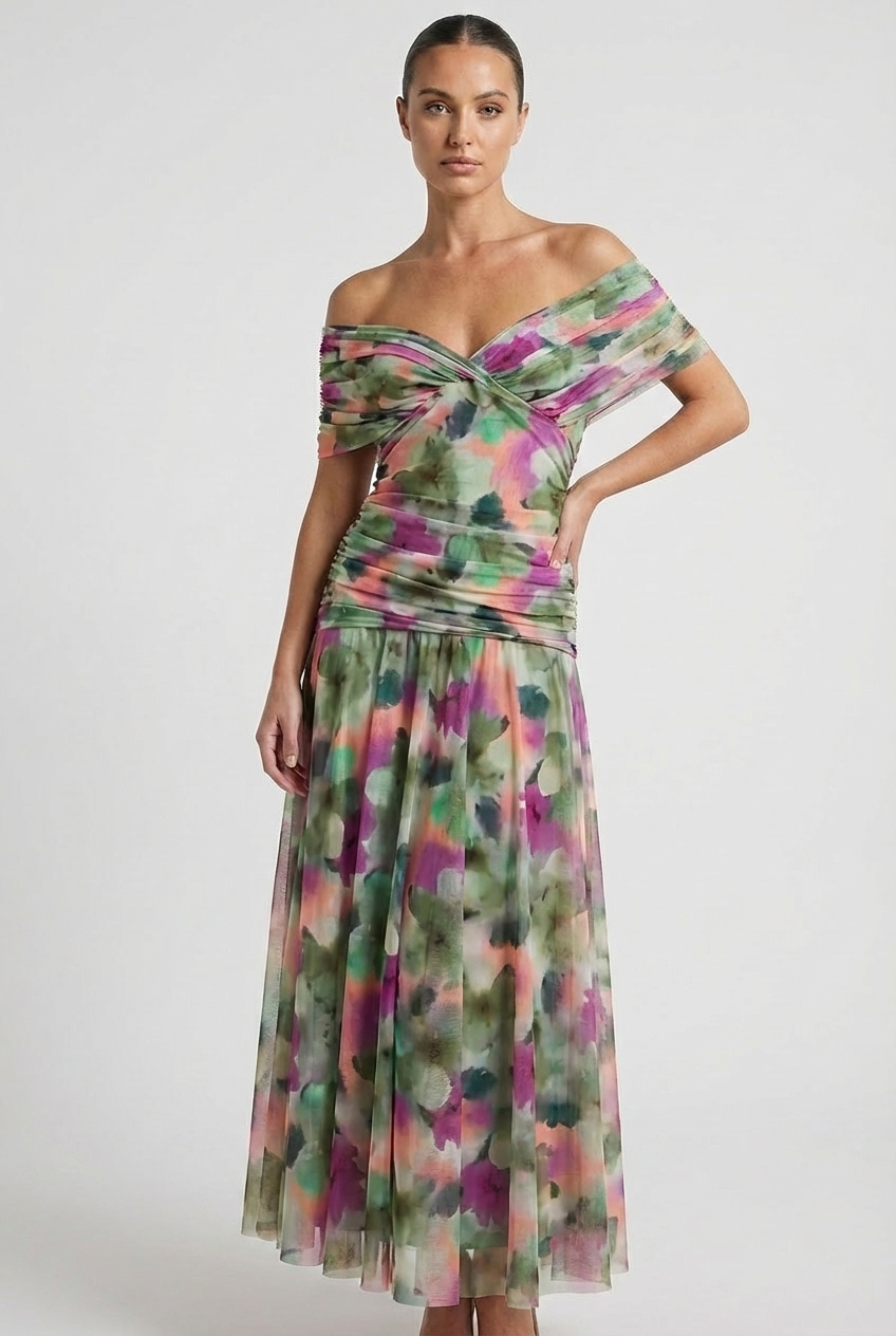 V-Neck Ruched Bodycon Evening Dress with Sheer Draped Sleeves Formal Gown