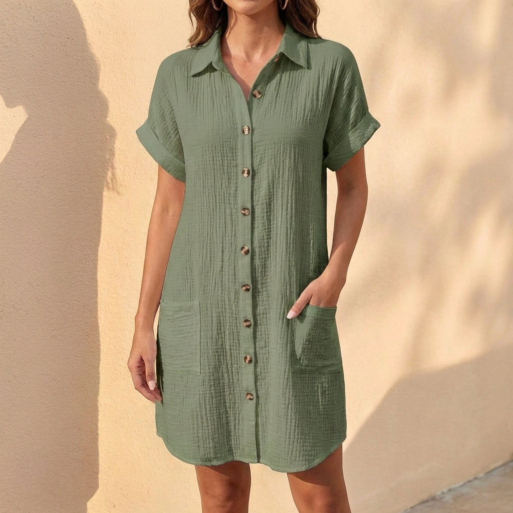 Linen Blend Relaxed Fit Midi Shirt Dress with Button Front and Short Cuffed Sleeves