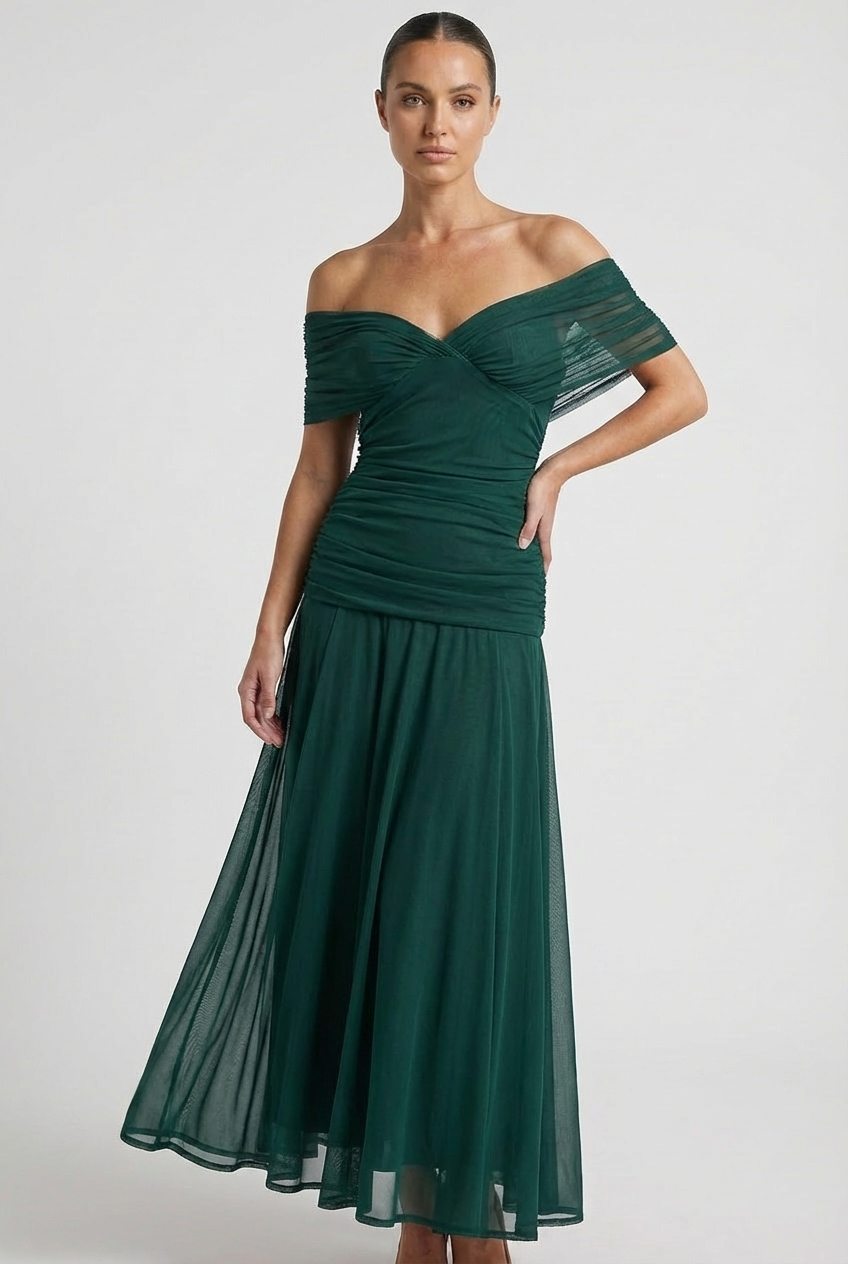 V-Neck Ruched Bodycon Evening Dress with Sheer Draped Sleeves Formal Gown