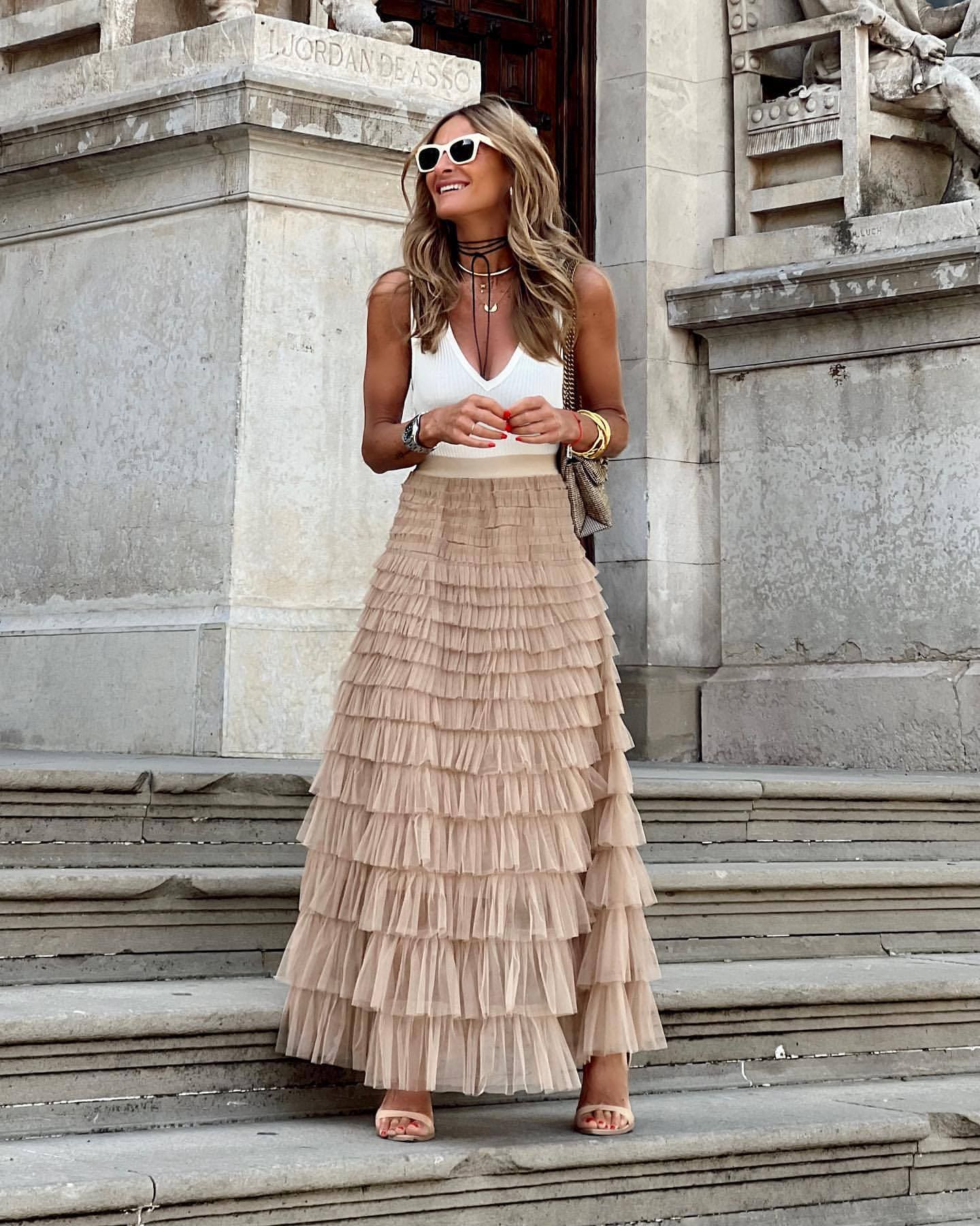 Women's tiered tulle maxi skirt with ruffled layers — evening