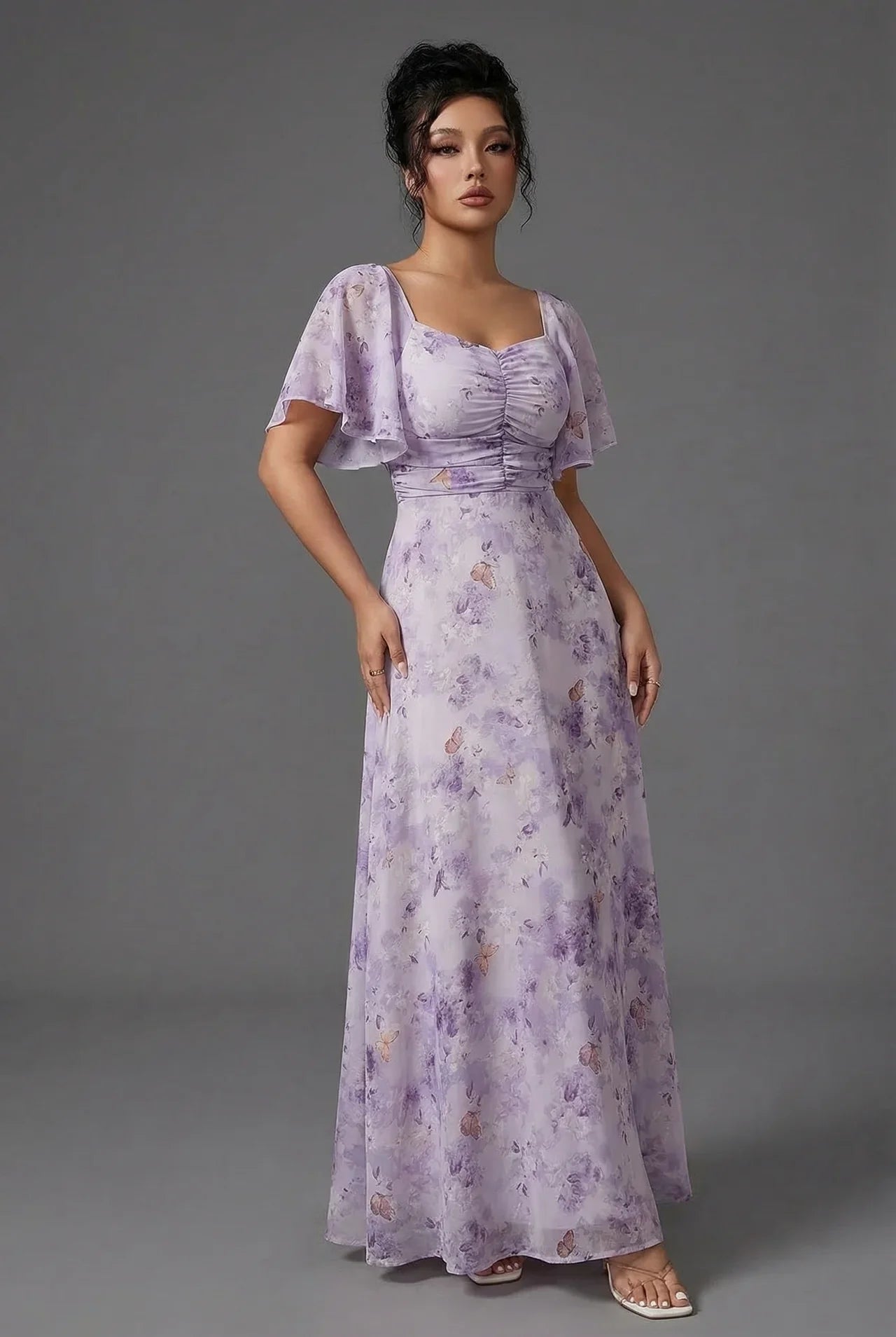 Floral Maxi Dress Flutter Sleeve Sweetheart Neck Ruched Chiffon Wedding Guest Gown