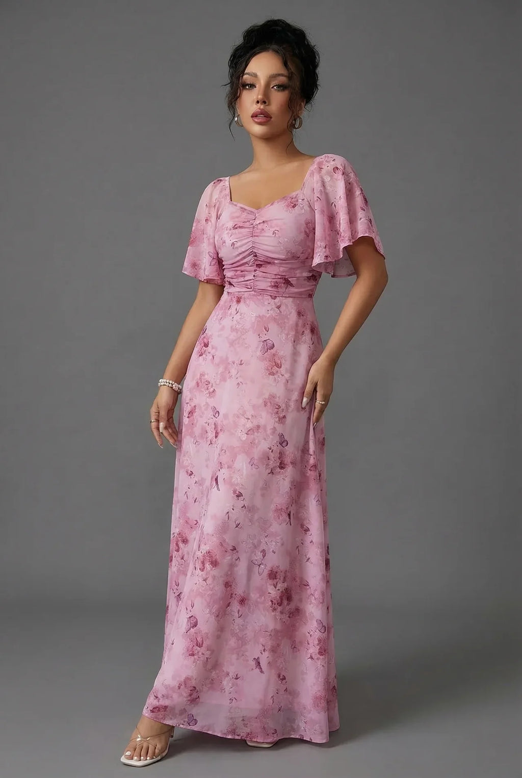 Floral Maxi Dress Flutter Sleeve Sweetheart Neck Ruched Chiffon Wedding Guest Gown