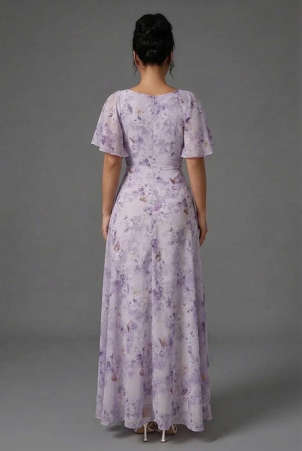 Floral Maxi Dress Flutter Sleeve Sweetheart Neck Ruched Chiffon Wedding Guest Gown