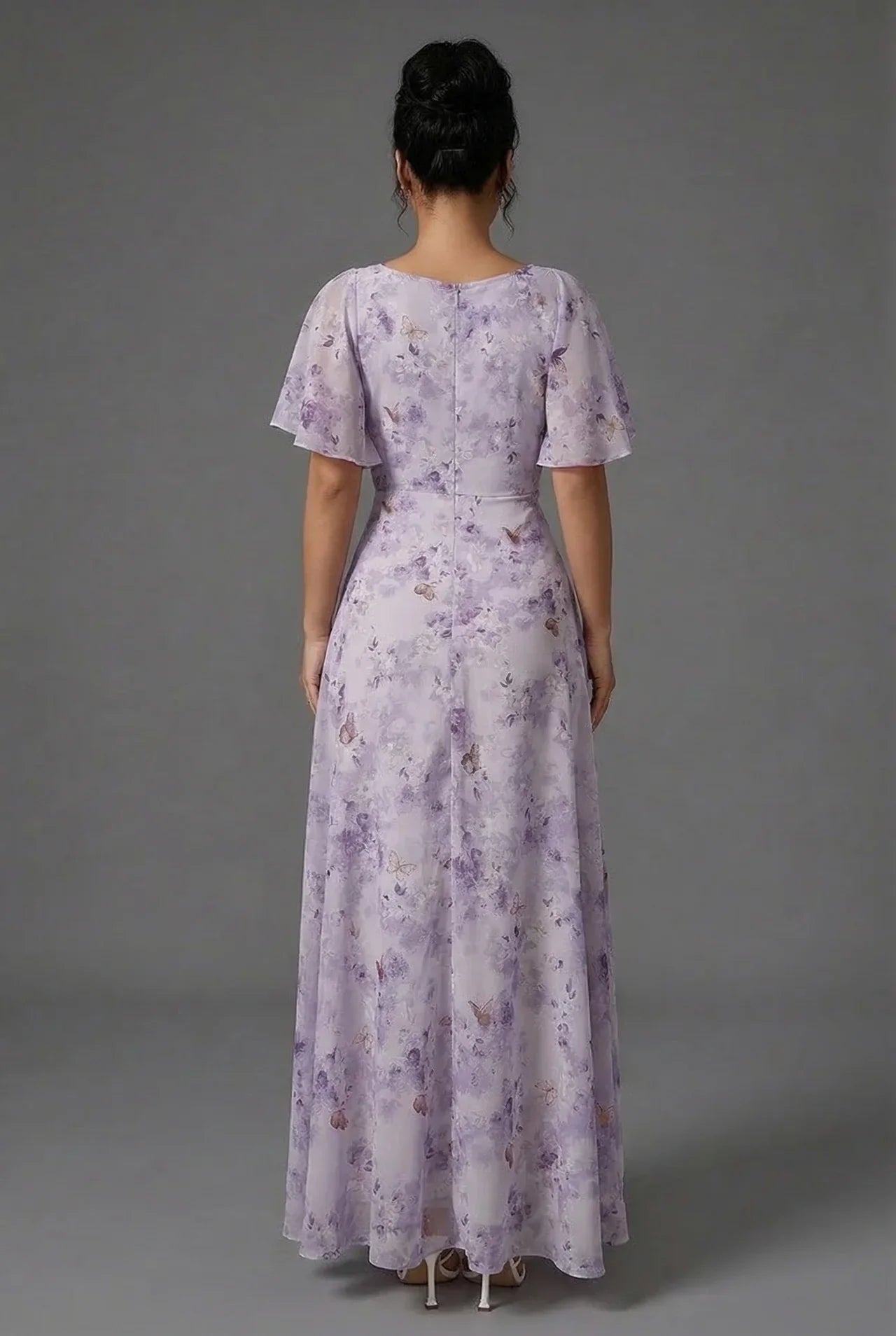 Floral Maxi Dress Flutter Sleeve Sweetheart Neck Ruched Chiffon Wedding Guest Gown