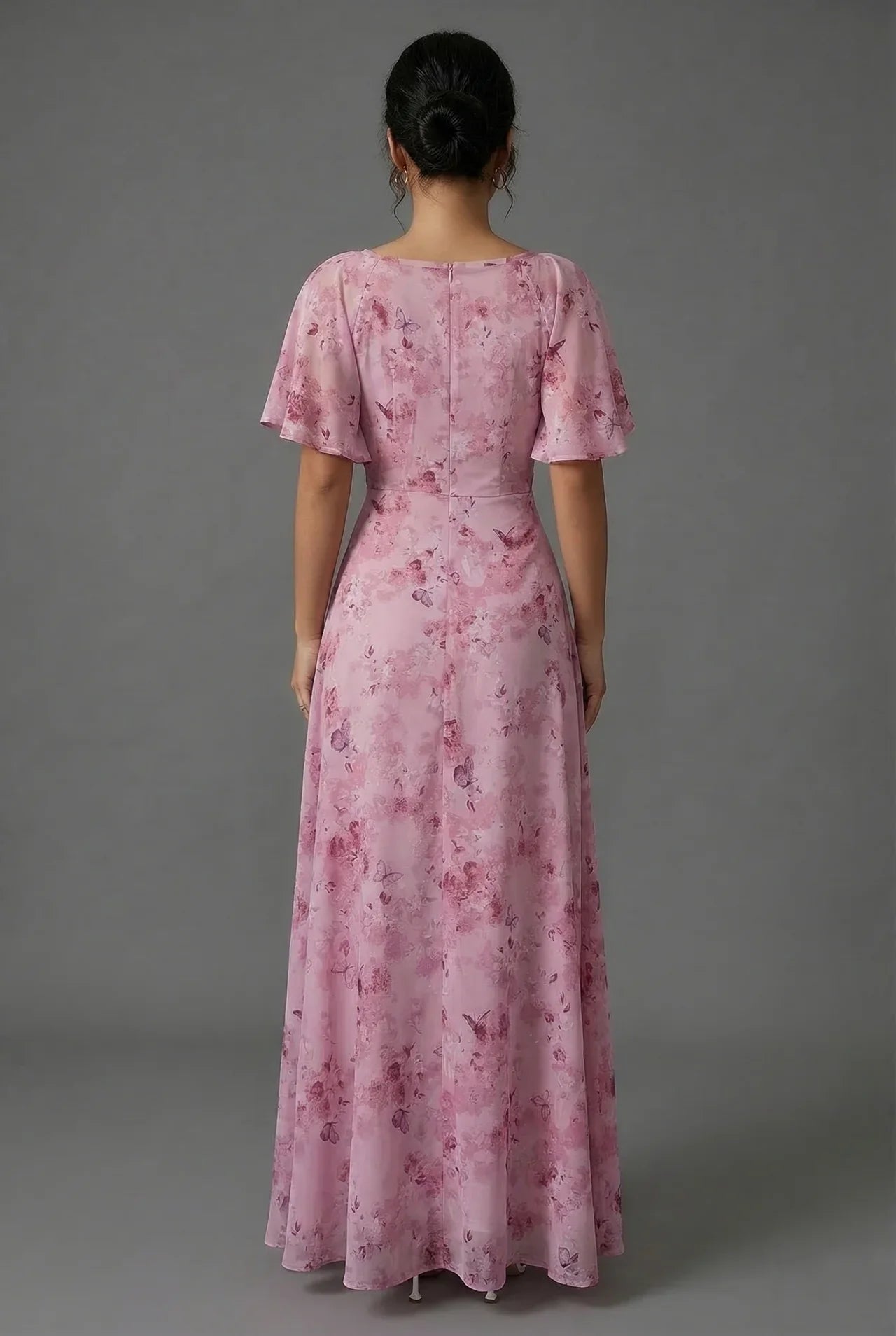Floral Maxi Dress Flutter Sleeve Sweetheart Neck Ruched Chiffon Wedding Guest Gown