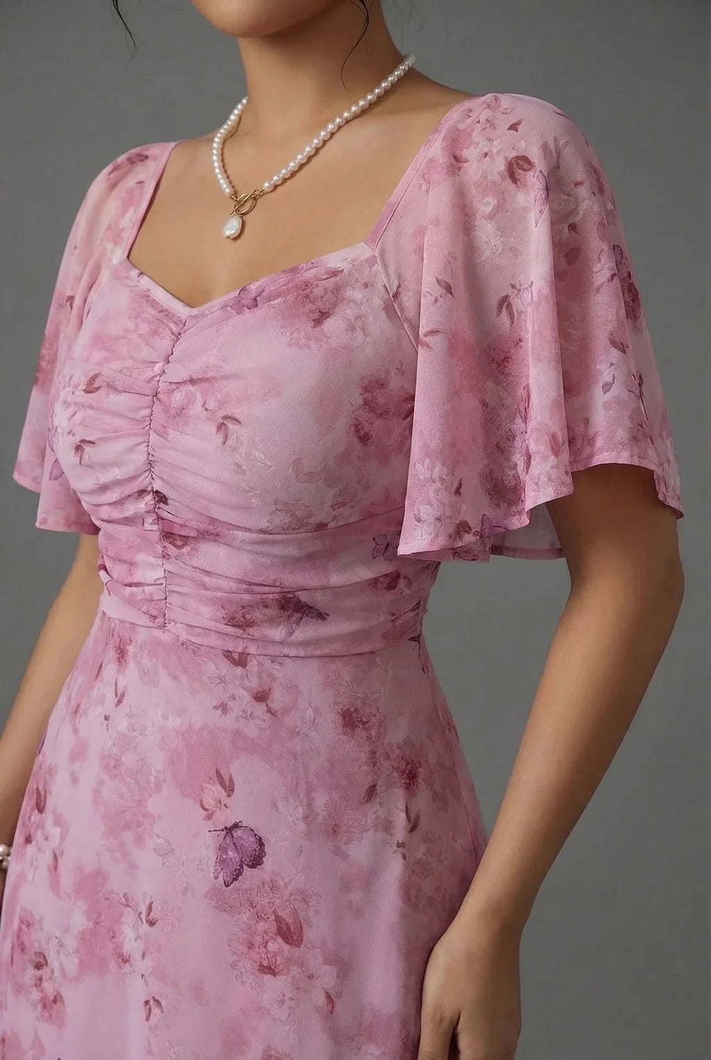 Floral Maxi Dress Flutter Sleeve Sweetheart Neck Ruched Chiffon Wedding Guest Gown