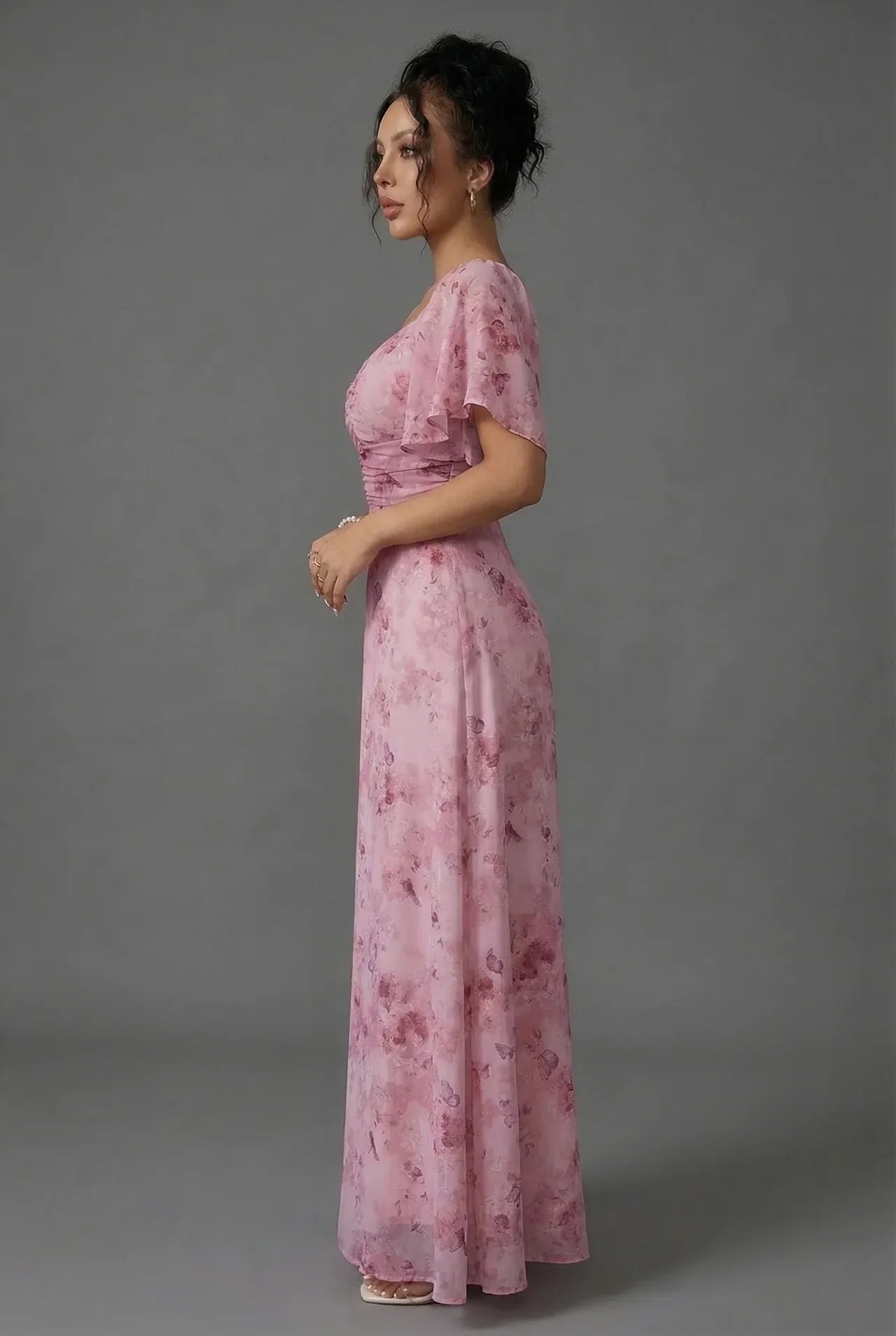 Floral Maxi Dress Flutter Sleeve Sweetheart Neck Ruched Chiffon Wedding Guest Gown