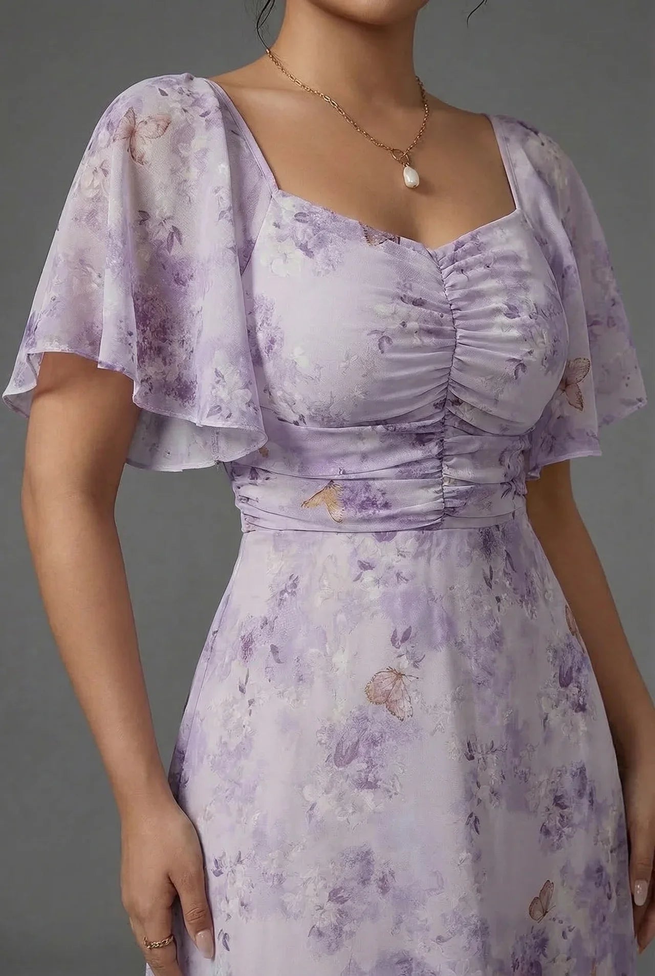 Floral Maxi Dress Flutter Sleeve Sweetheart Neck Ruched Chiffon Wedding Guest Gown