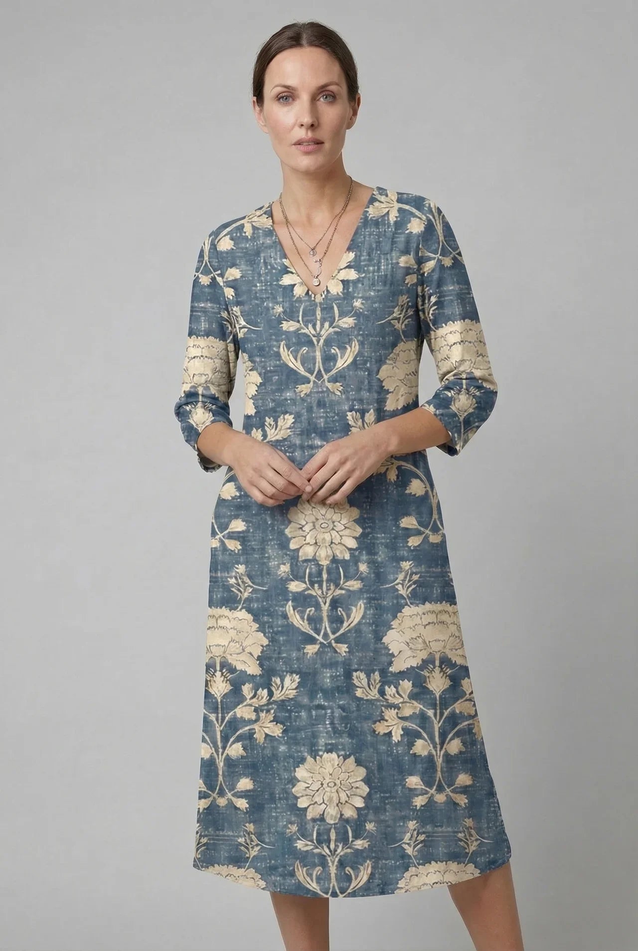 Floral Midi Dress Three-Quarter Sleeve V-Neck Loose Fit Vintage Print Casual Apparel