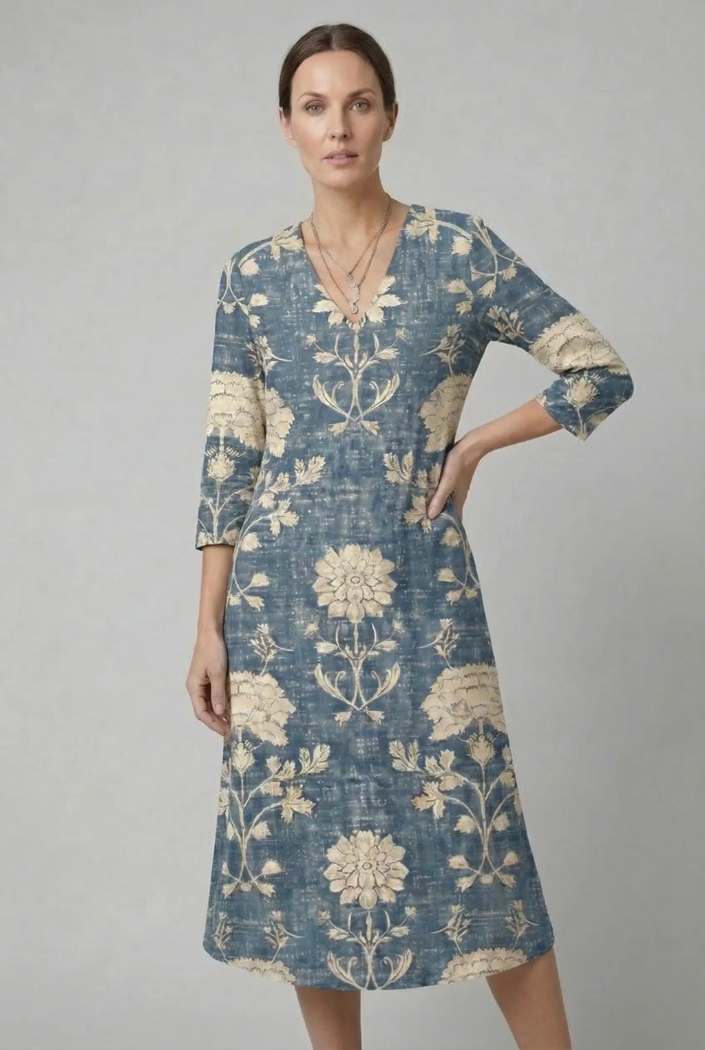 Floral Midi Dress Three-Quarter Sleeve V-Neck Loose Fit Vintage Print Casual Apparel