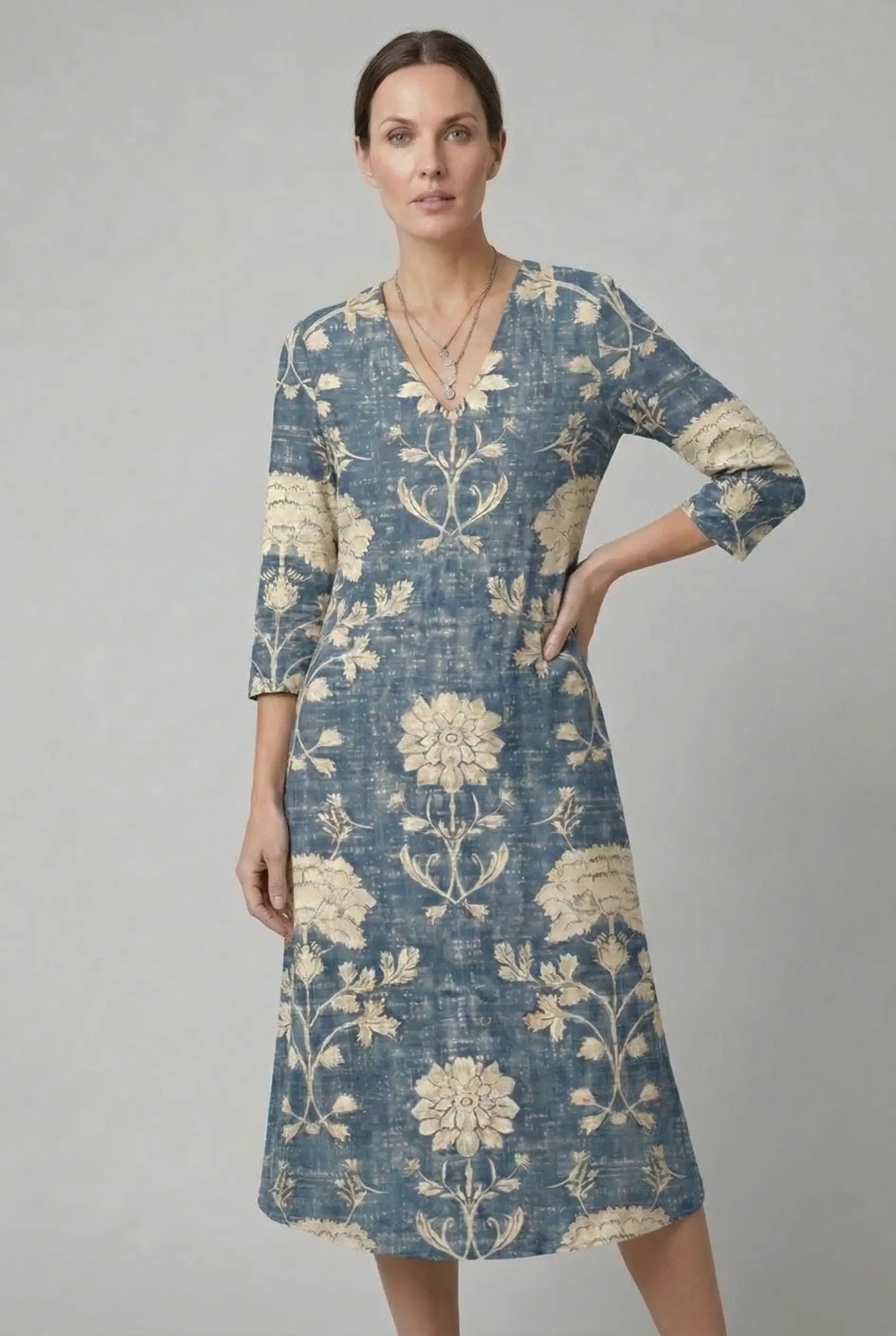 Floral Midi Dress Three-Quarter Sleeve V-Neck Loose Fit Vintage Print Casual Apparel