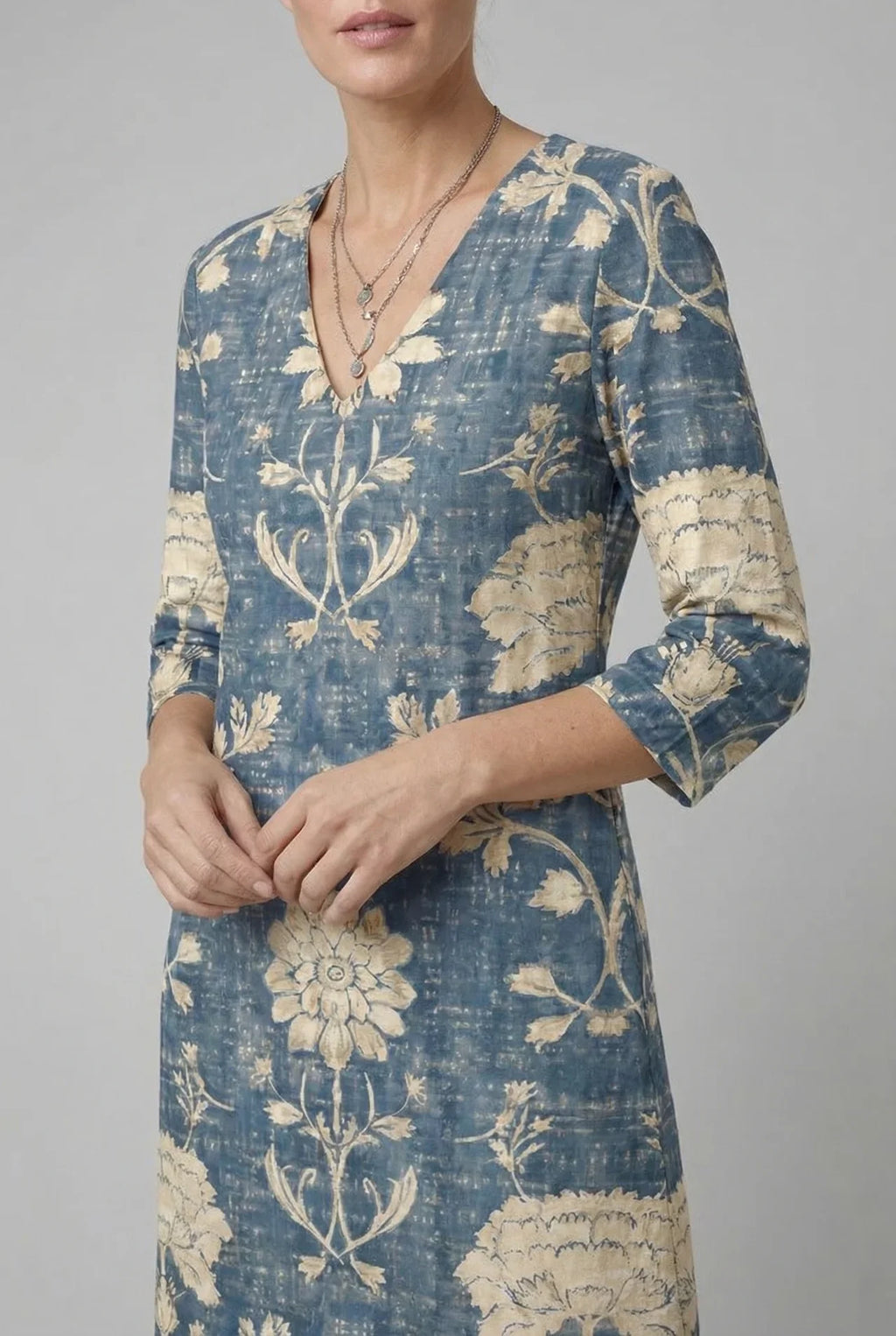 Floral Midi Dress Three-Quarter Sleeve V-Neck Loose Fit Vintage Print Casual Apparel