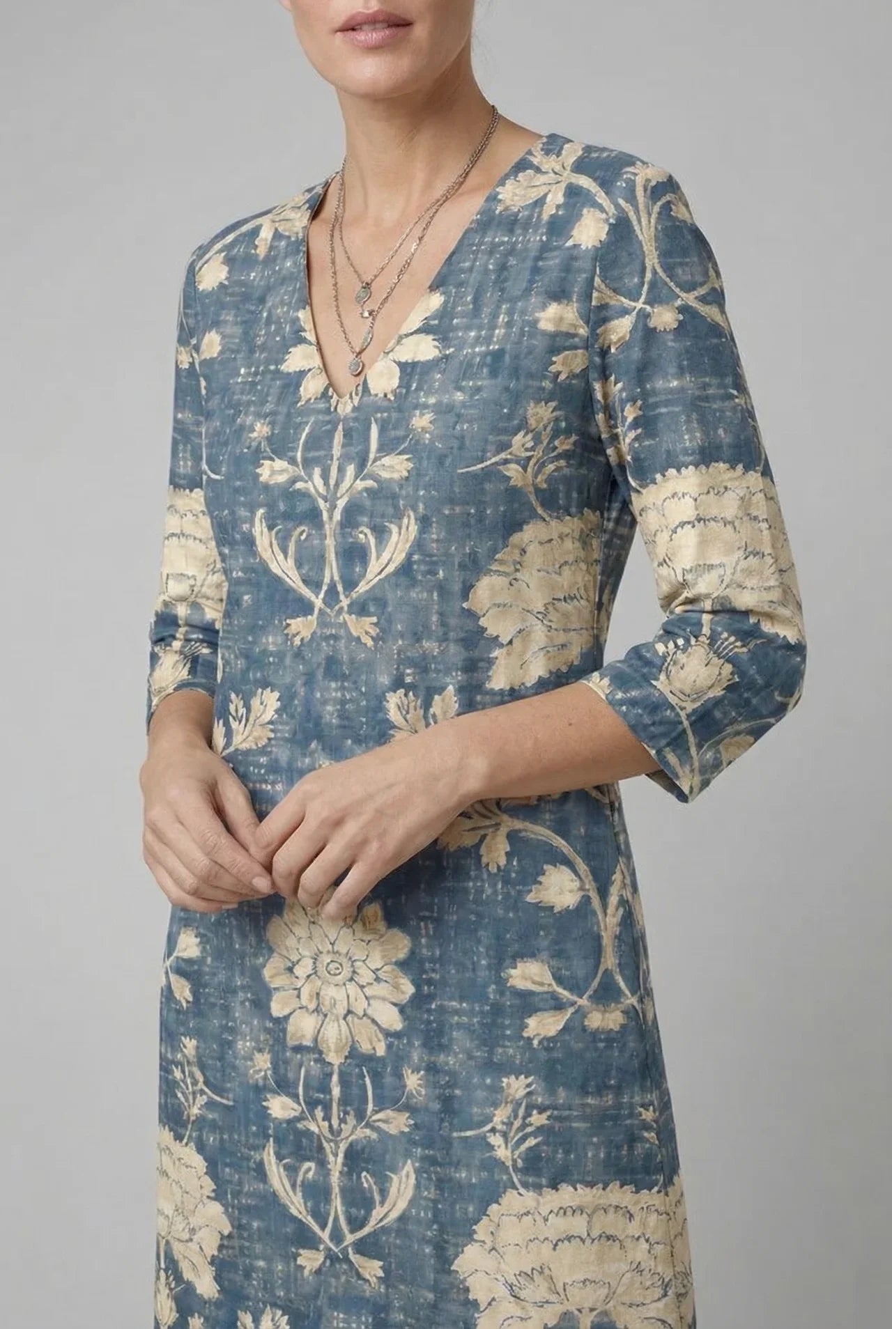 Floral Midi Dress Three-Quarter Sleeve V-Neck Loose Fit Vintage Print Casual Apparel