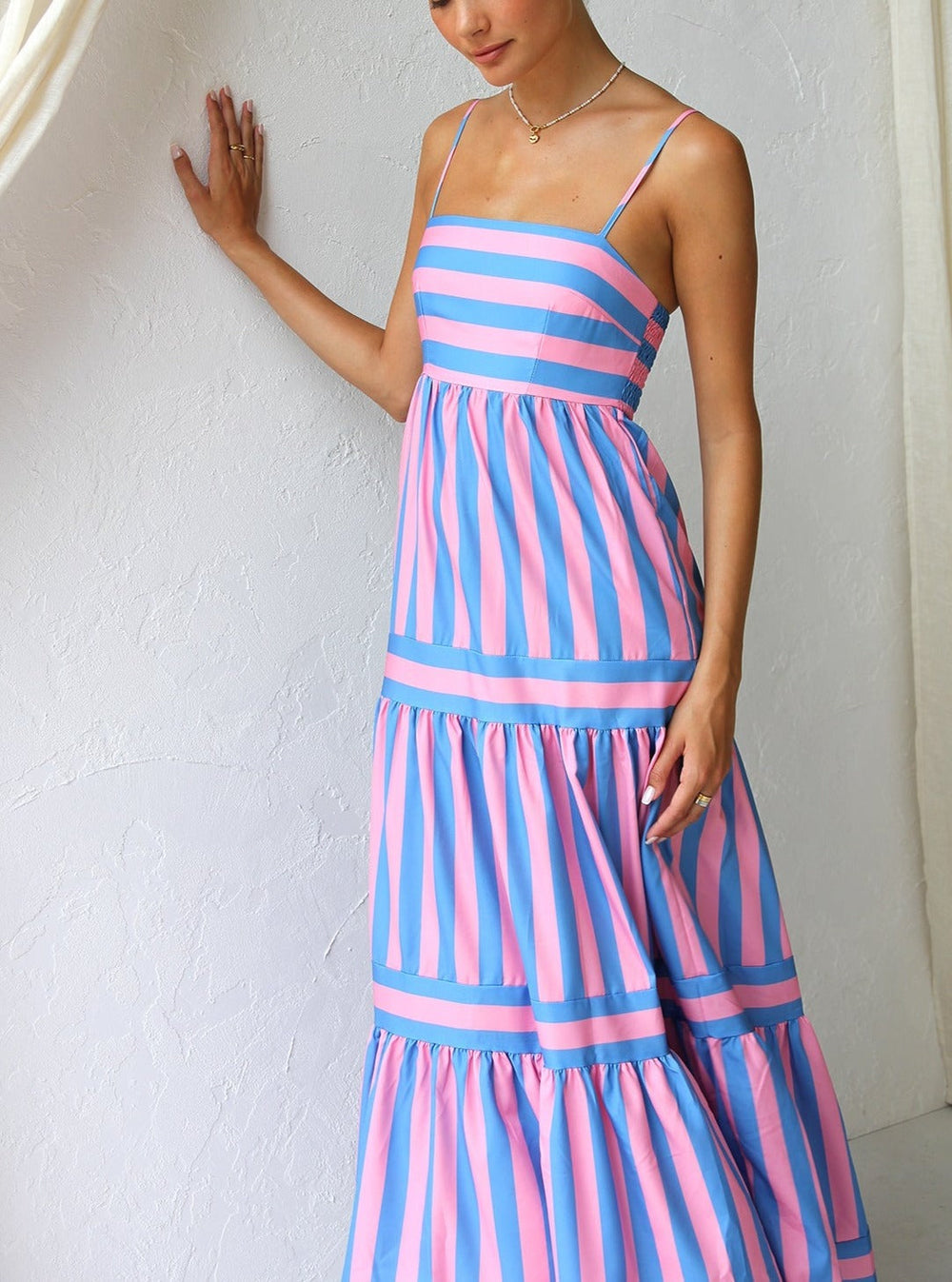 Tiered Striped Spaghetti Strap Maxi Dress