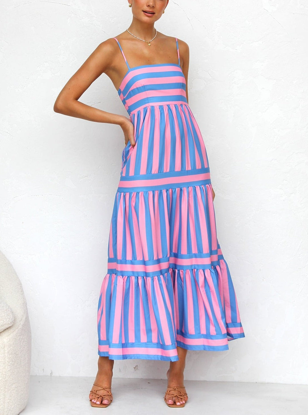Tiered Striped Spaghetti Strap Maxi Dress