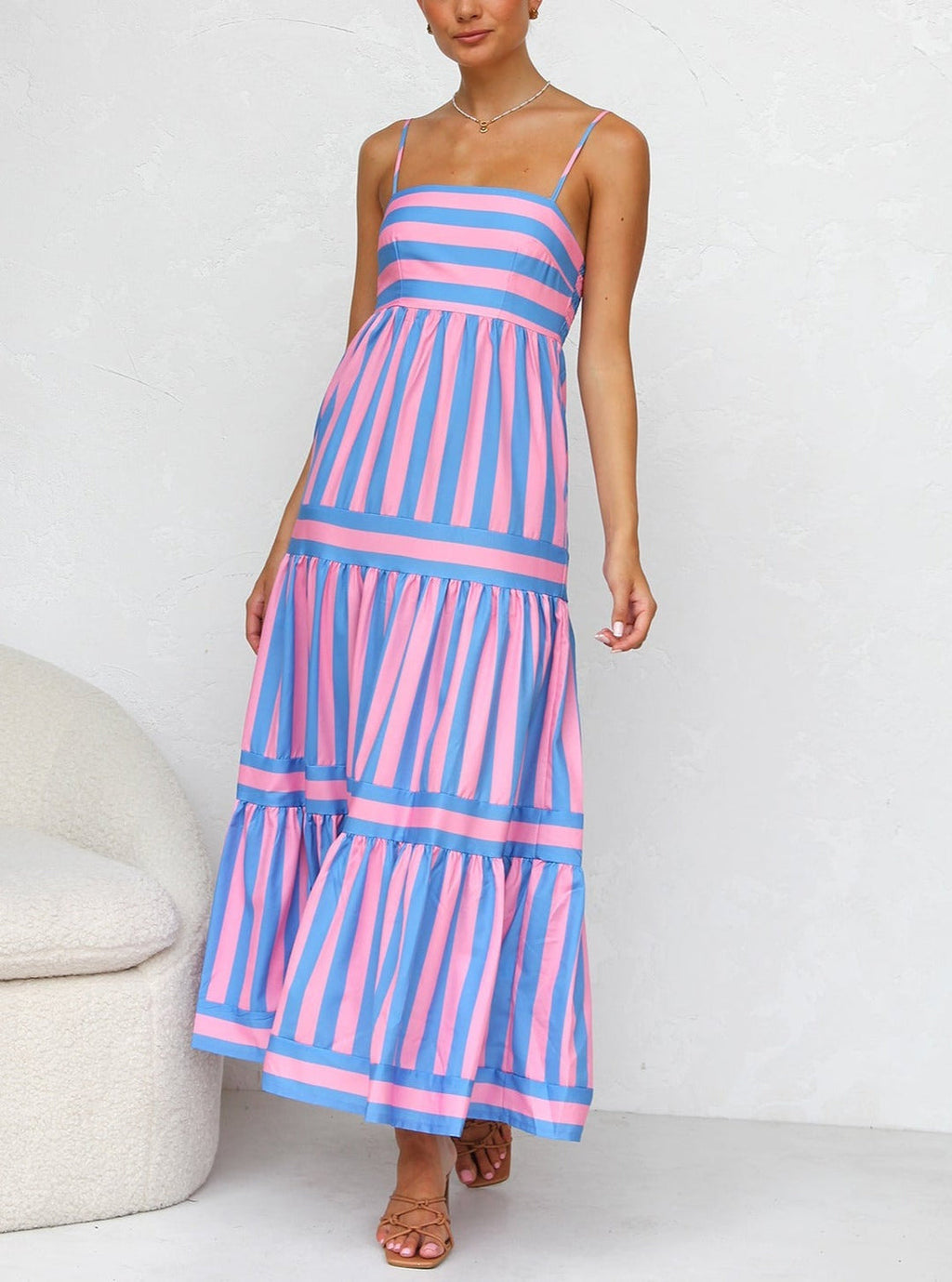Tiered Striped Spaghetti Strap Maxi Dress