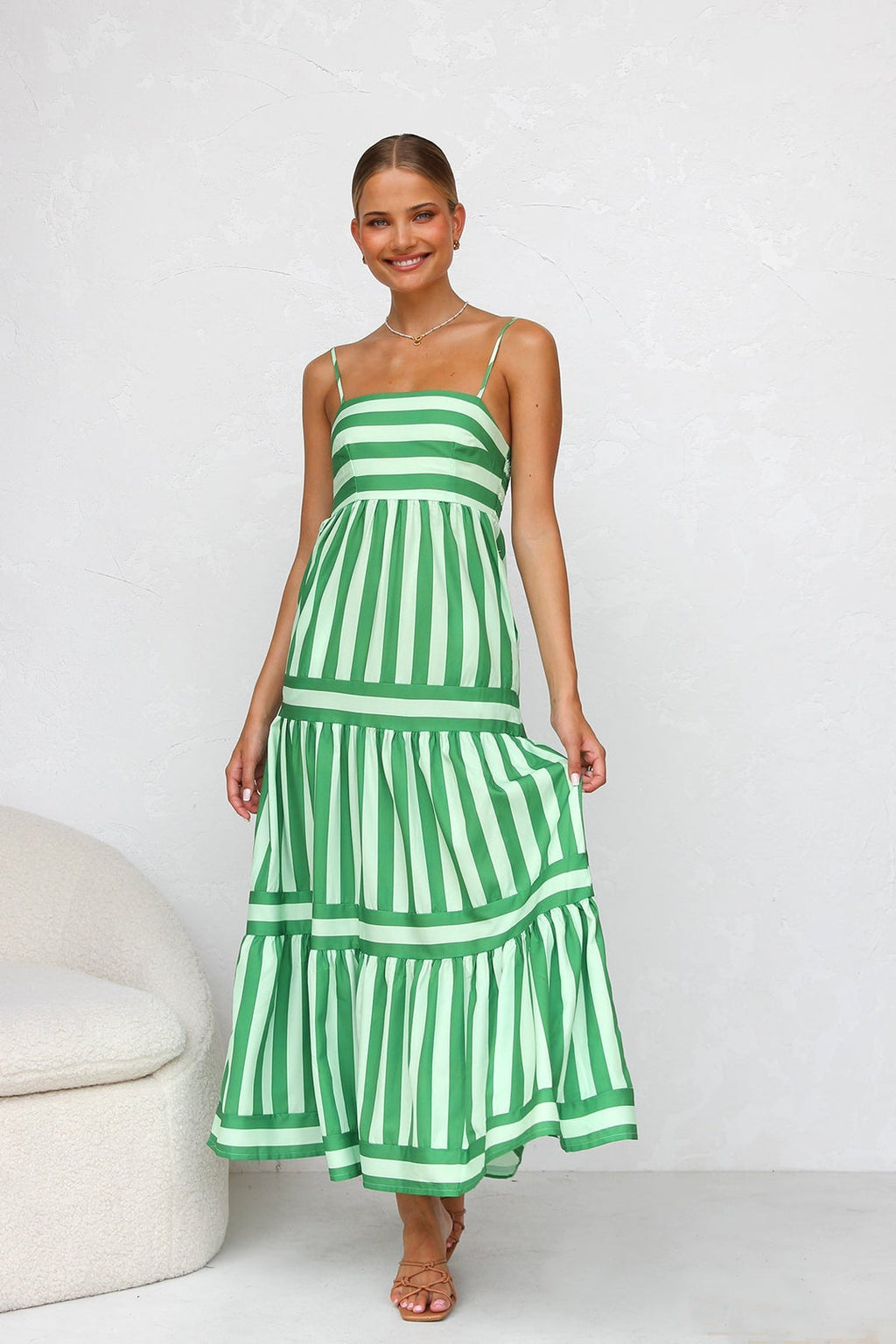 Tiered Striped Spaghetti Strap Maxi Dress