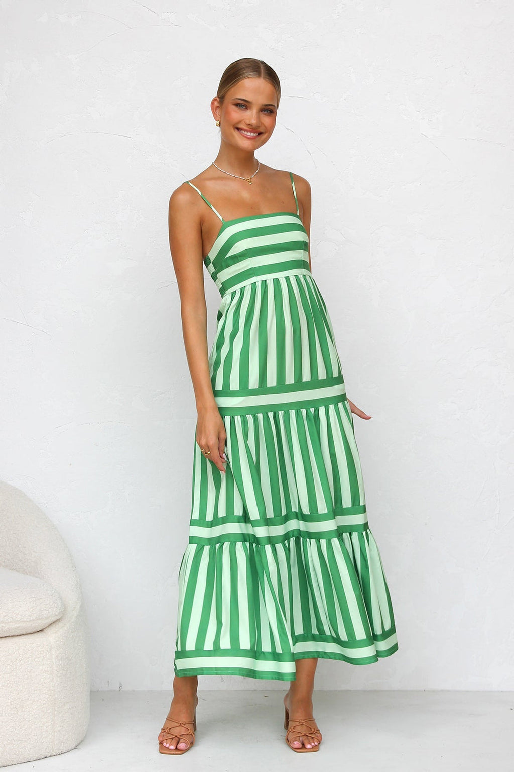 Tiered Striped Spaghetti Strap Maxi Dress