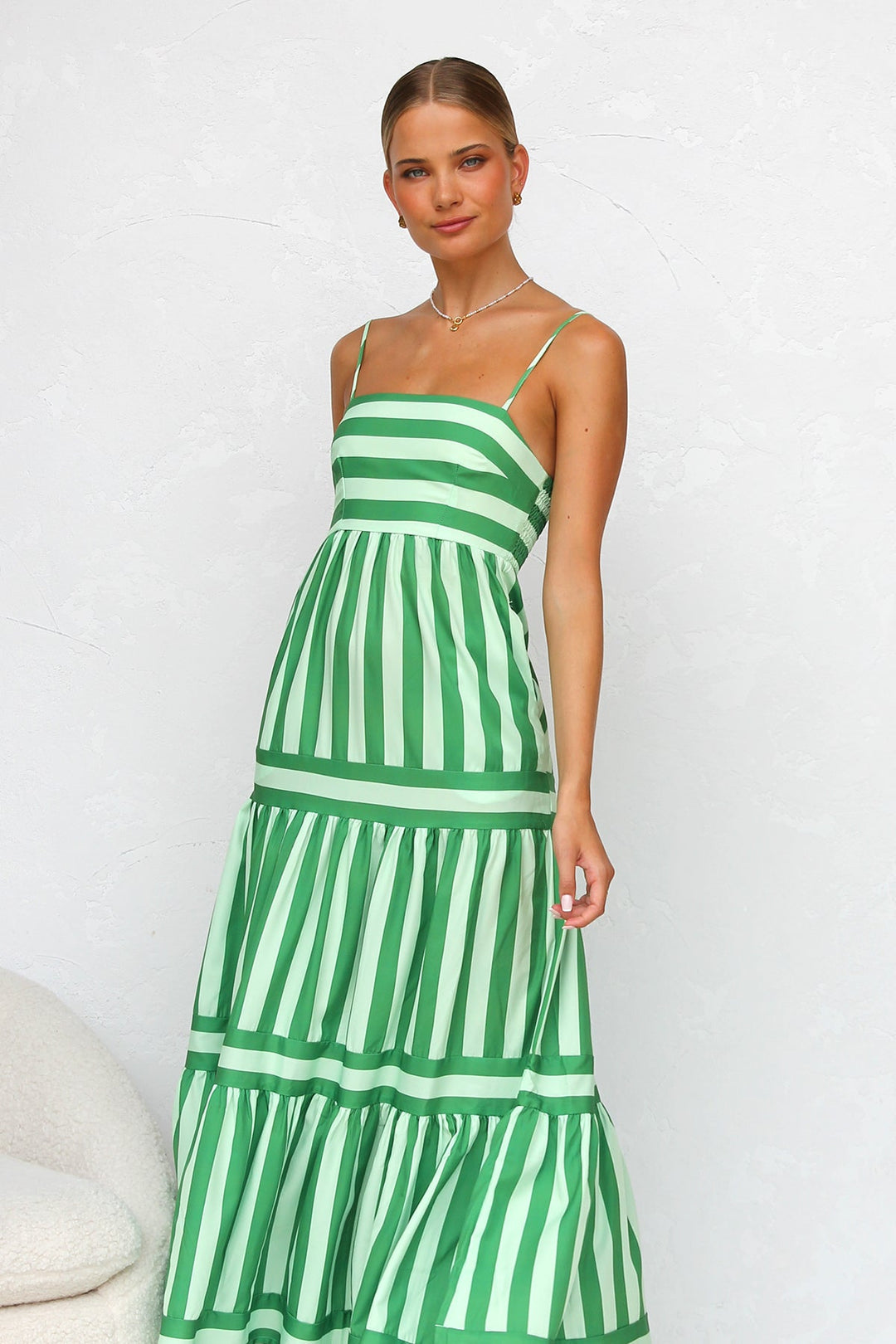 Tiered Striped Spaghetti Strap Maxi Dress
