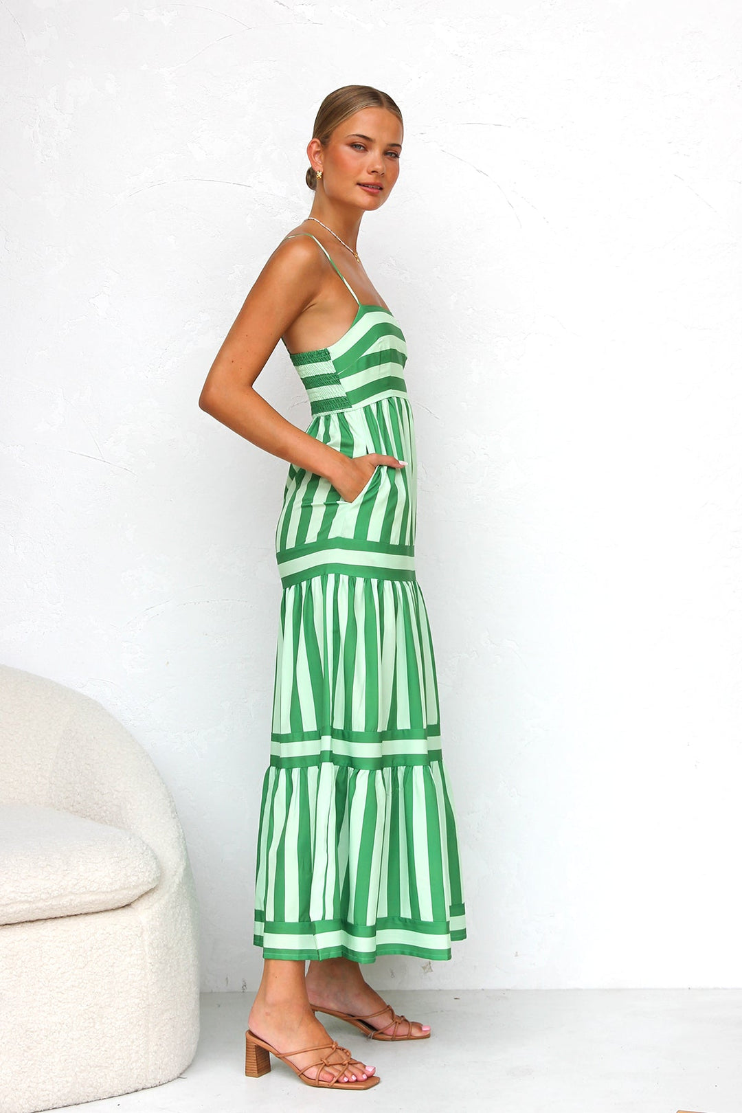 Tiered Striped Spaghetti Strap Maxi Dress