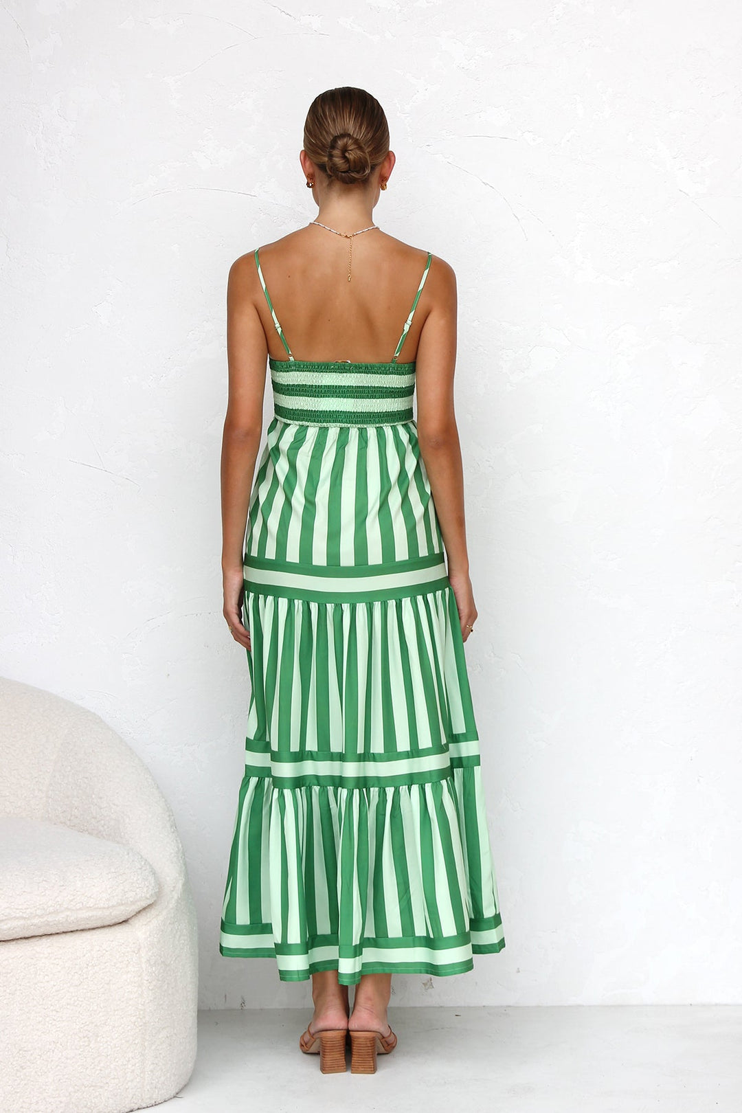 Tiered Striped Spaghetti Strap Maxi Dress