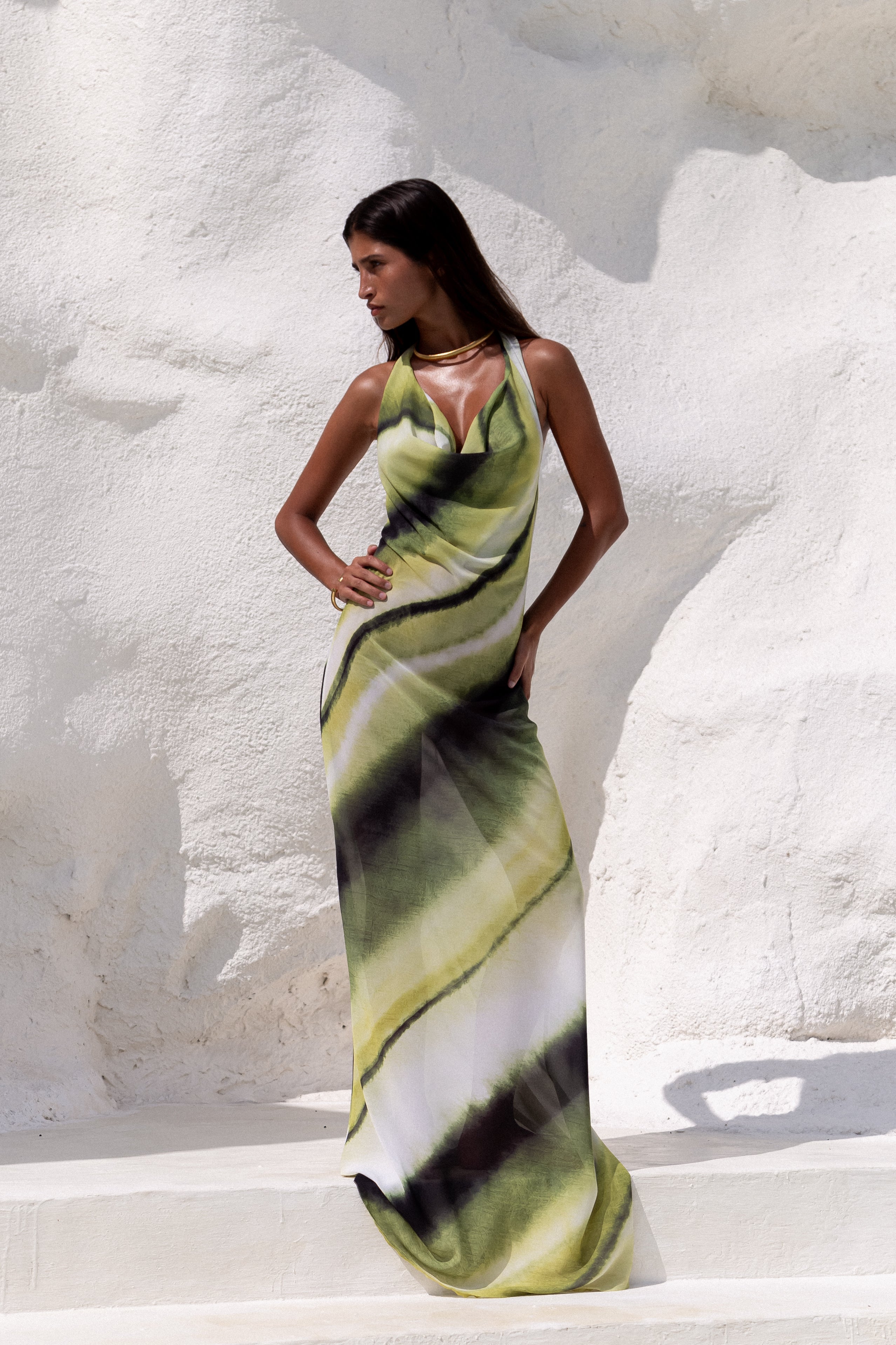 Halter Neck Maxi Dress Abstract Print V-Neck Cowl Backless Floor Length Gown